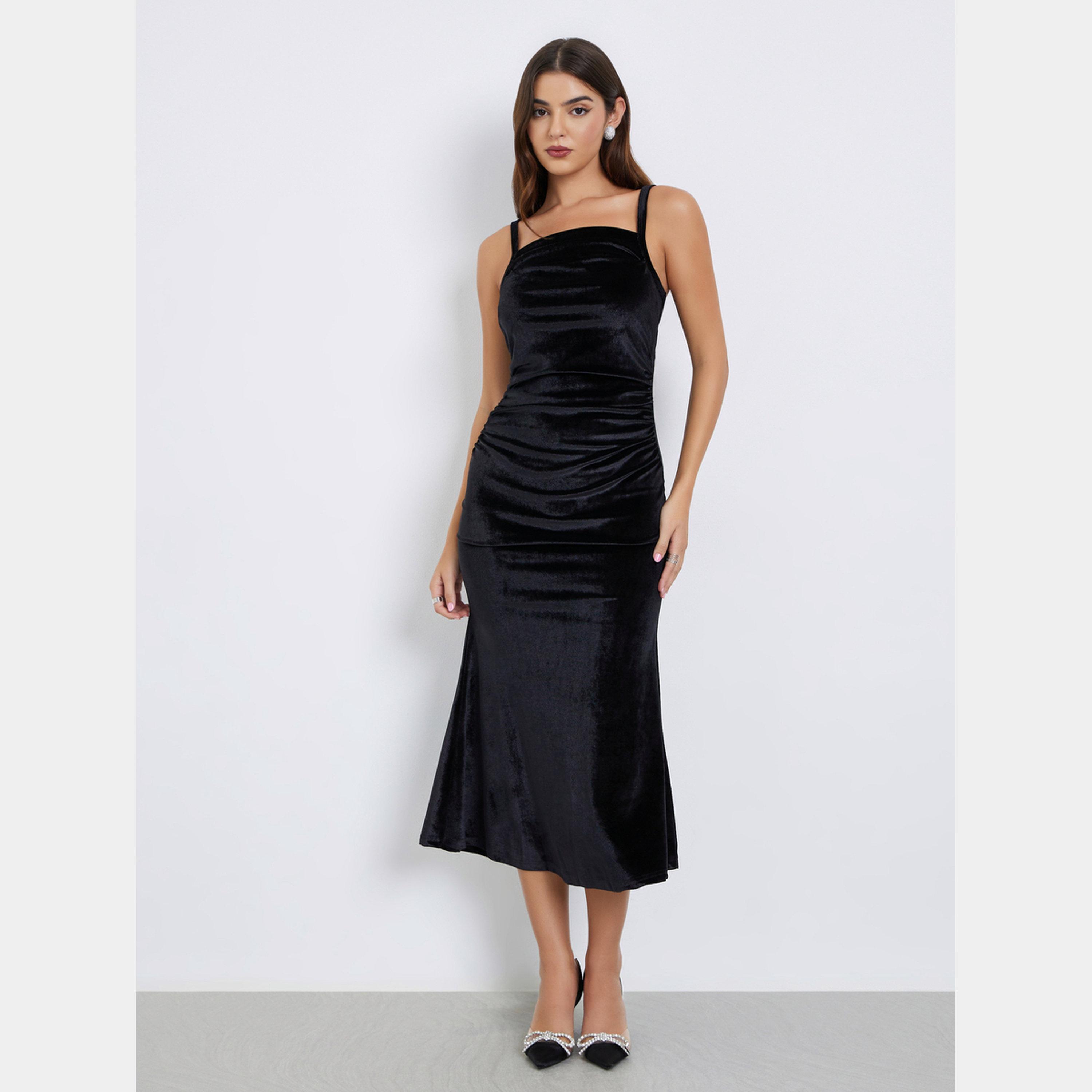 Styli Black Velvet Look Strapless Women's Midi Dress with Bolero Set-women-clothing-dresses-image-3
