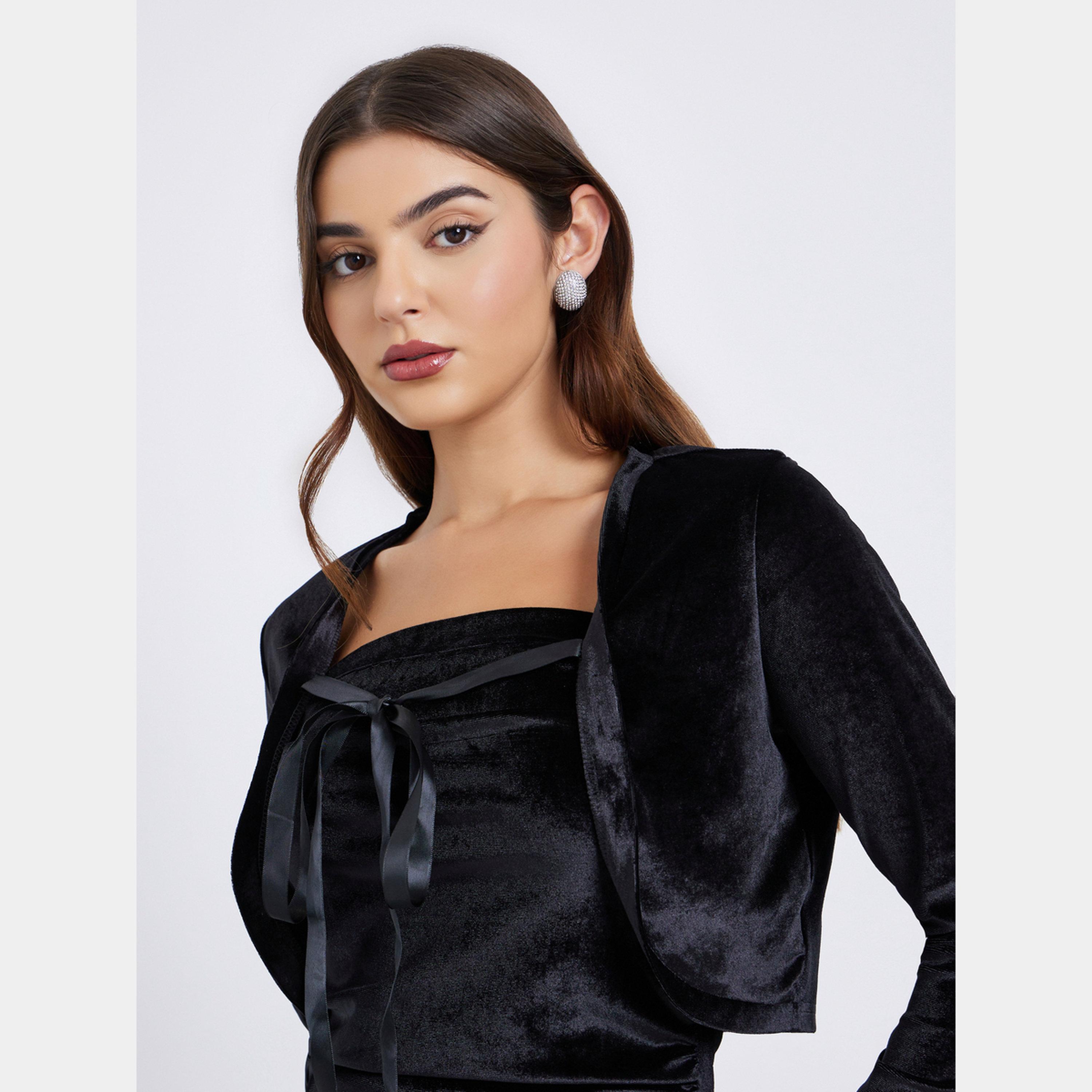 Styli Black Velvet Look Strapless Women's Midi Dress with Bolero Set-women-clothing-dresses-image-4
