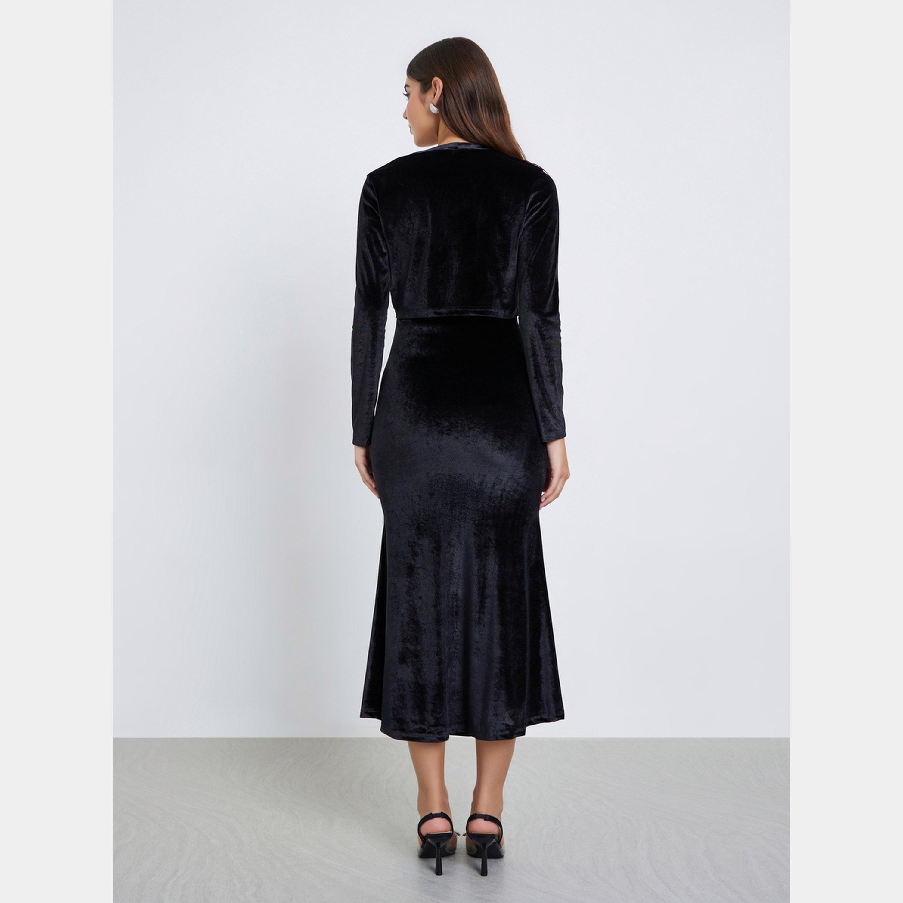 Styli Black Velvet Look Strapless Women's Midi Dress with Bolero Set-women-clothing-dresses-image-5