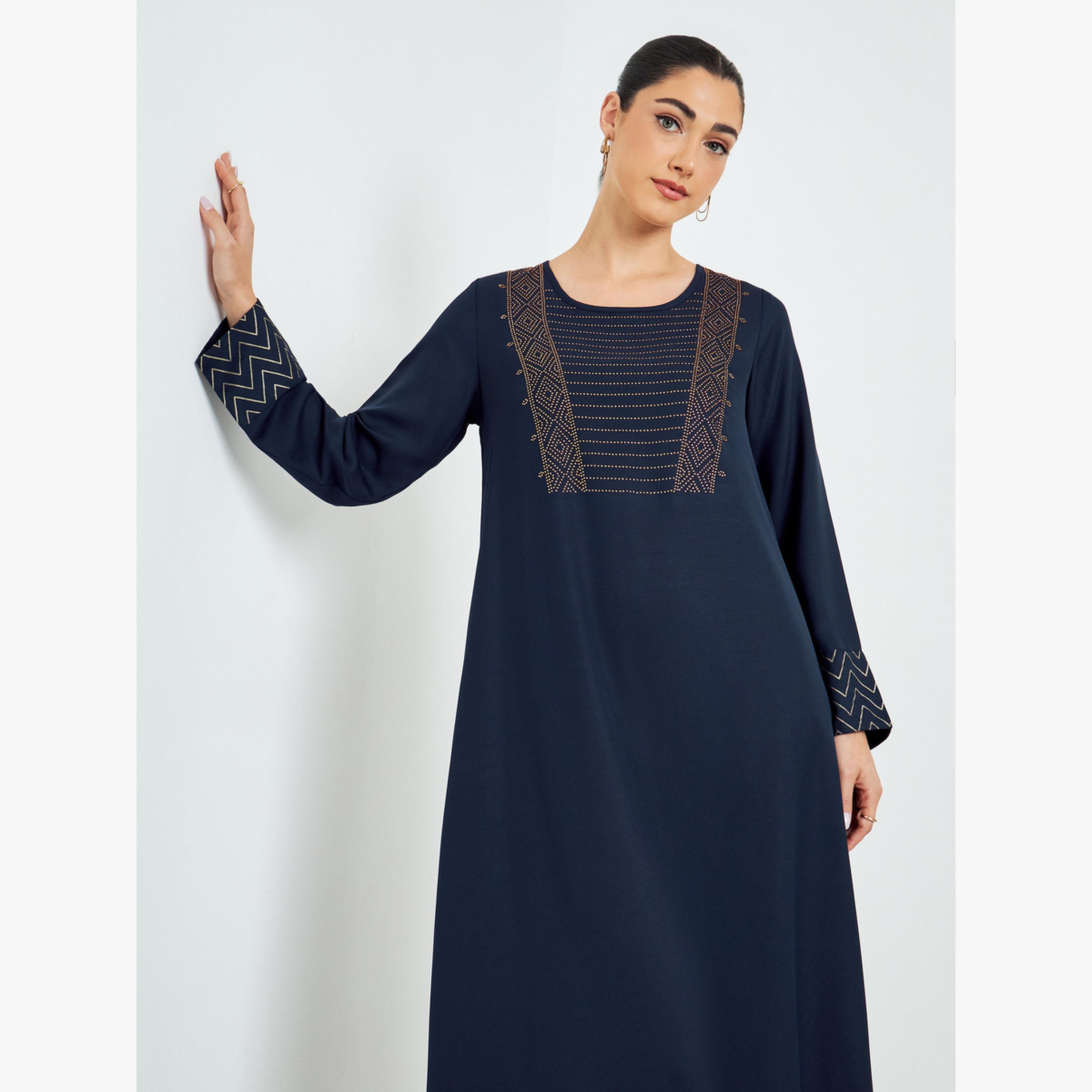 Styli Navy Blue Geo Foil Print Jalabiya-women-arabicclothing-jalabiyas-image-2