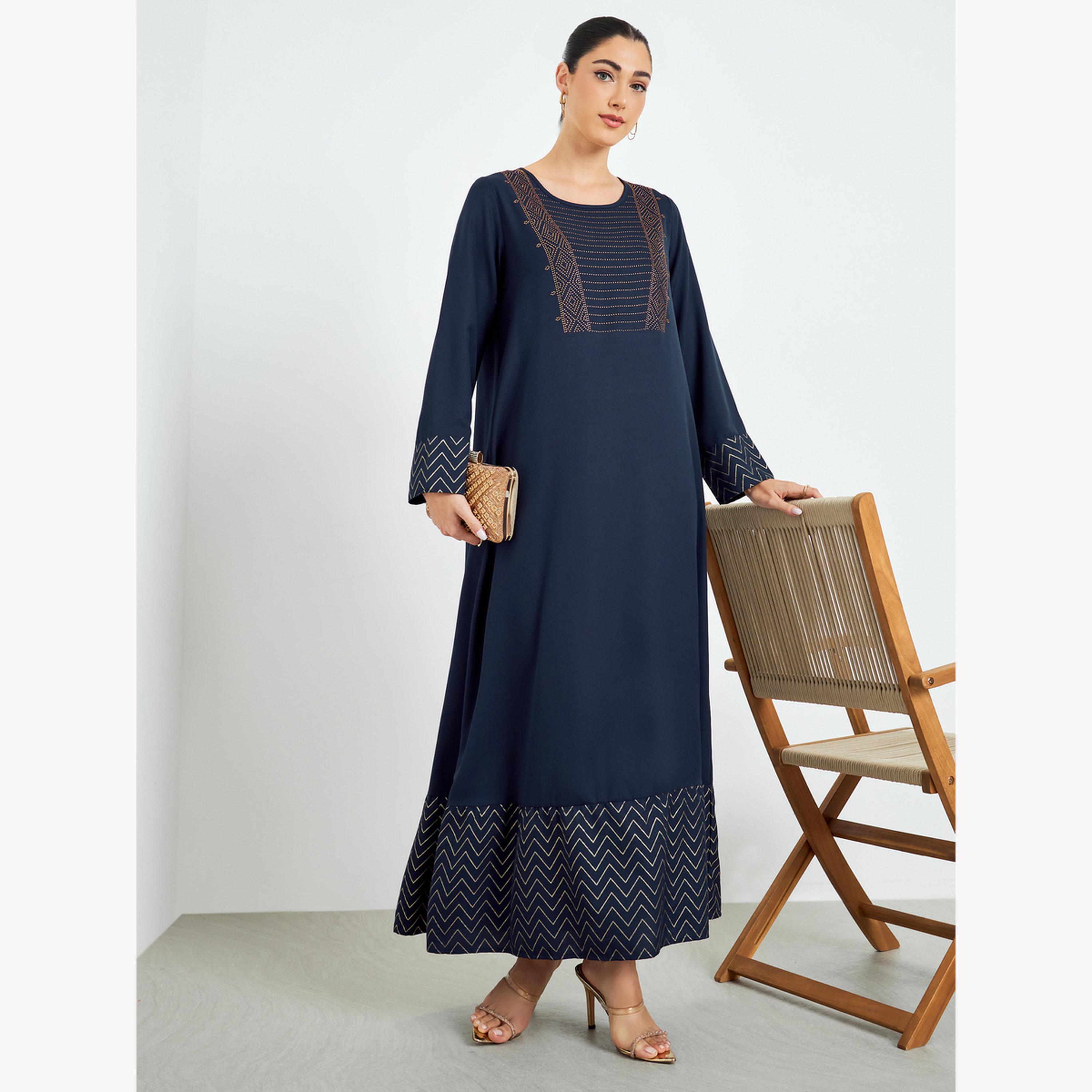 Styli Navy Blue Geo Foil Print Jalabiya-women-arabicclothing-jalabiyas-image-3