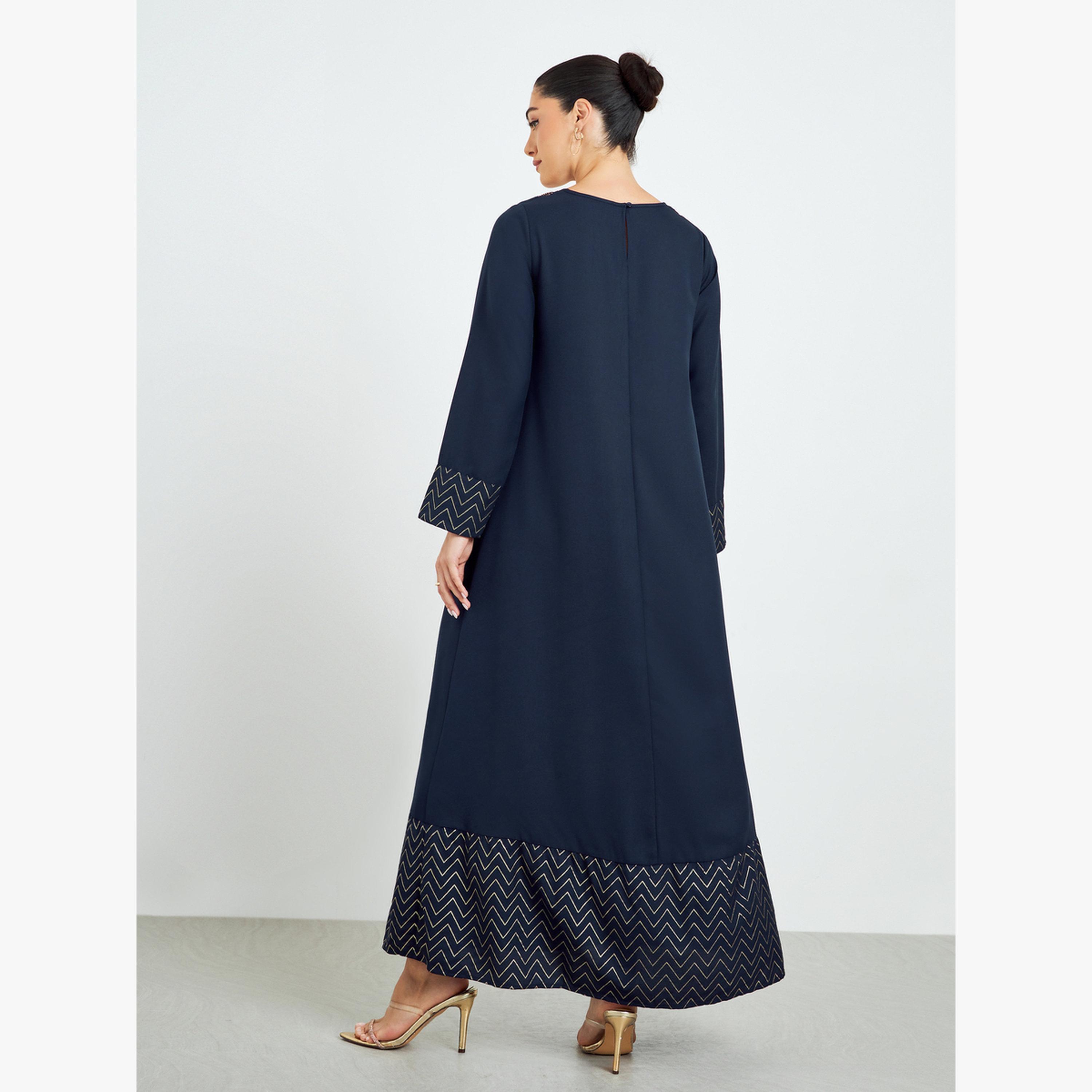 Styli Navy Blue Geo Foil Print Jalabiya-women-arabicclothing-jalabiyas-image-4