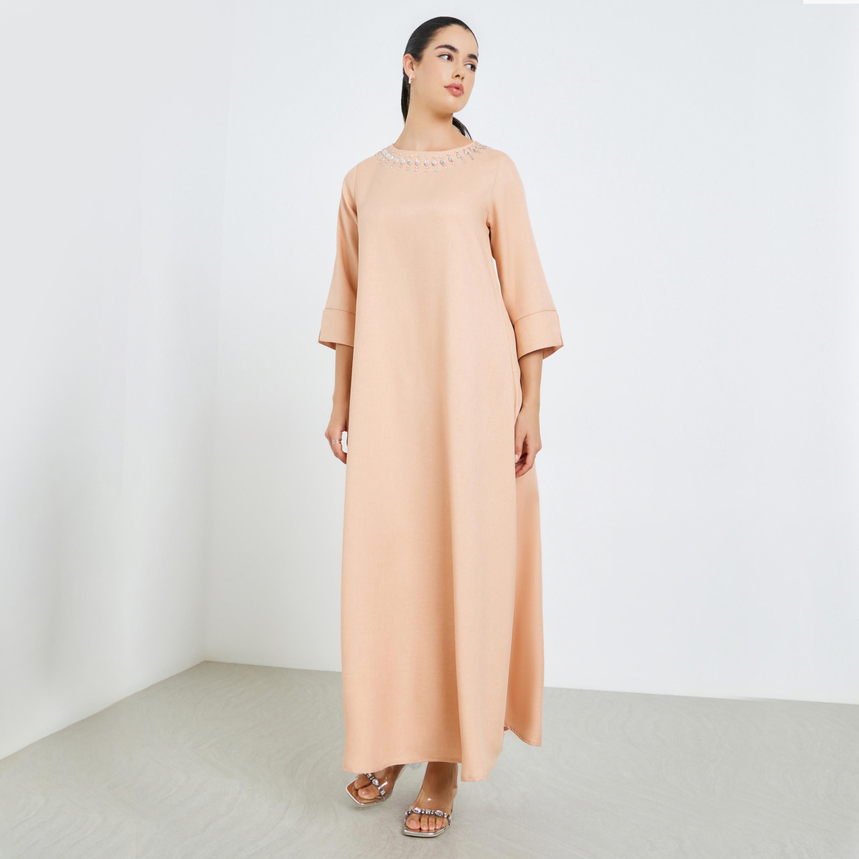 جلابية كتان بمظهر تويل مع أكمام بطول 3/4-women-arabicclothing-jalabiyas-image-1