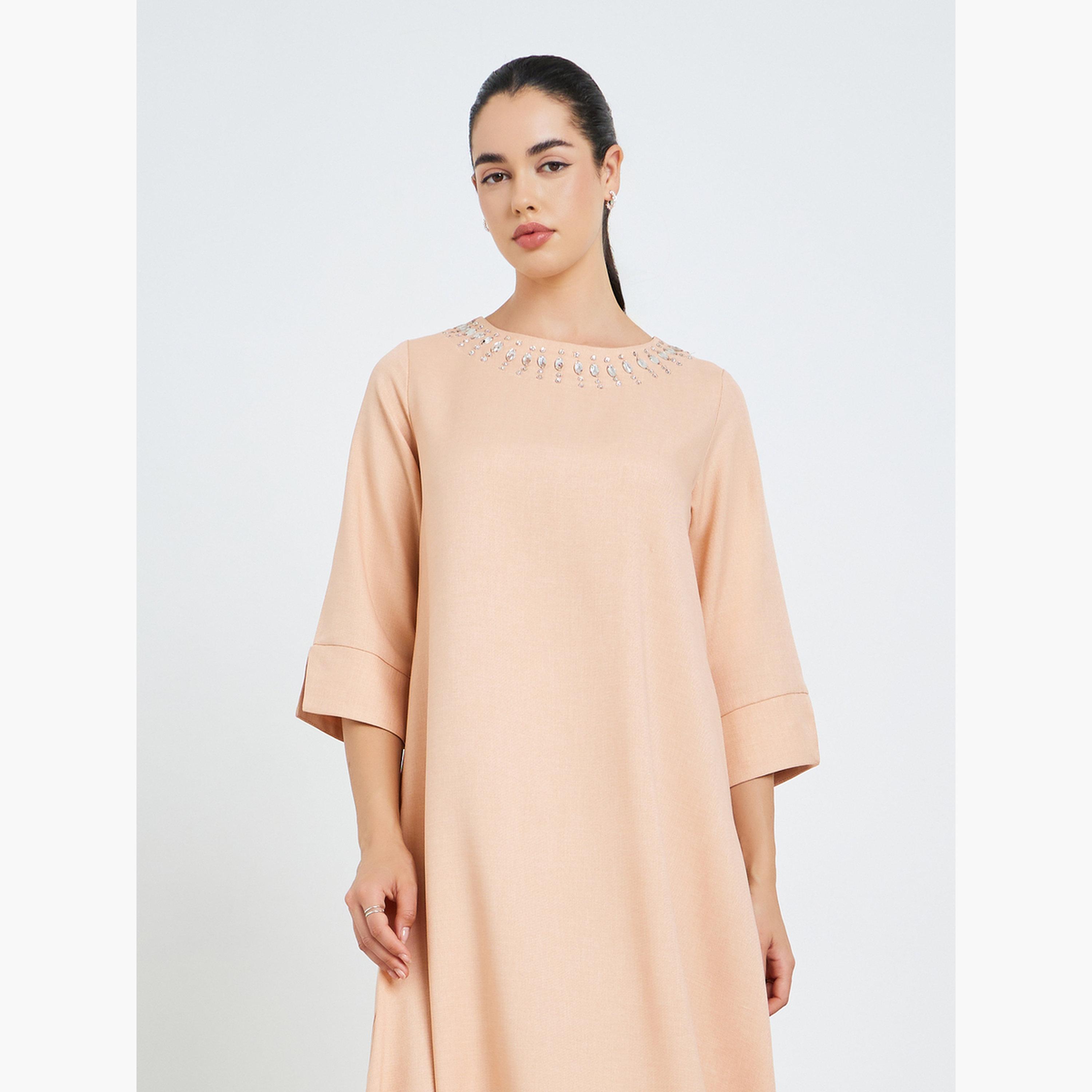 جلابية كتان بمظهر تويل مع أكمام بطول 3/4-women-arabicclothing-jalabiyas-image-2