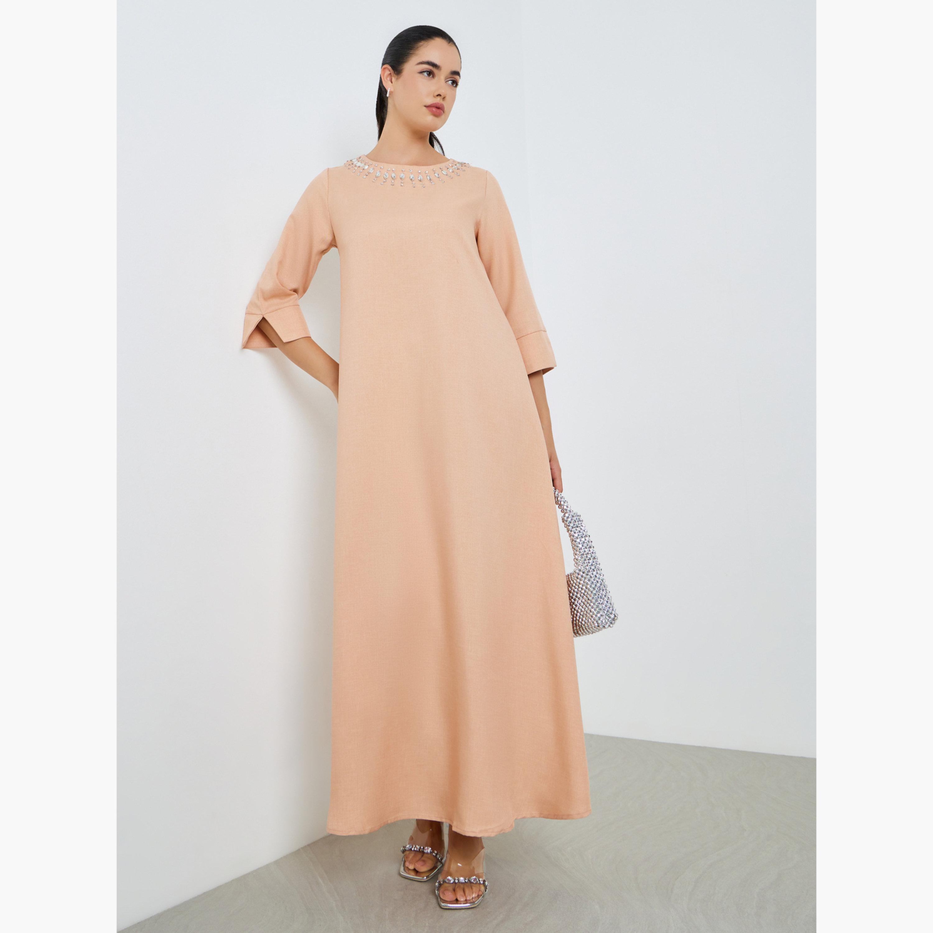 جلابية كتان بمظهر تويل مع أكمام بطول 3/4-women-arabicclothing-jalabiyas-image-3