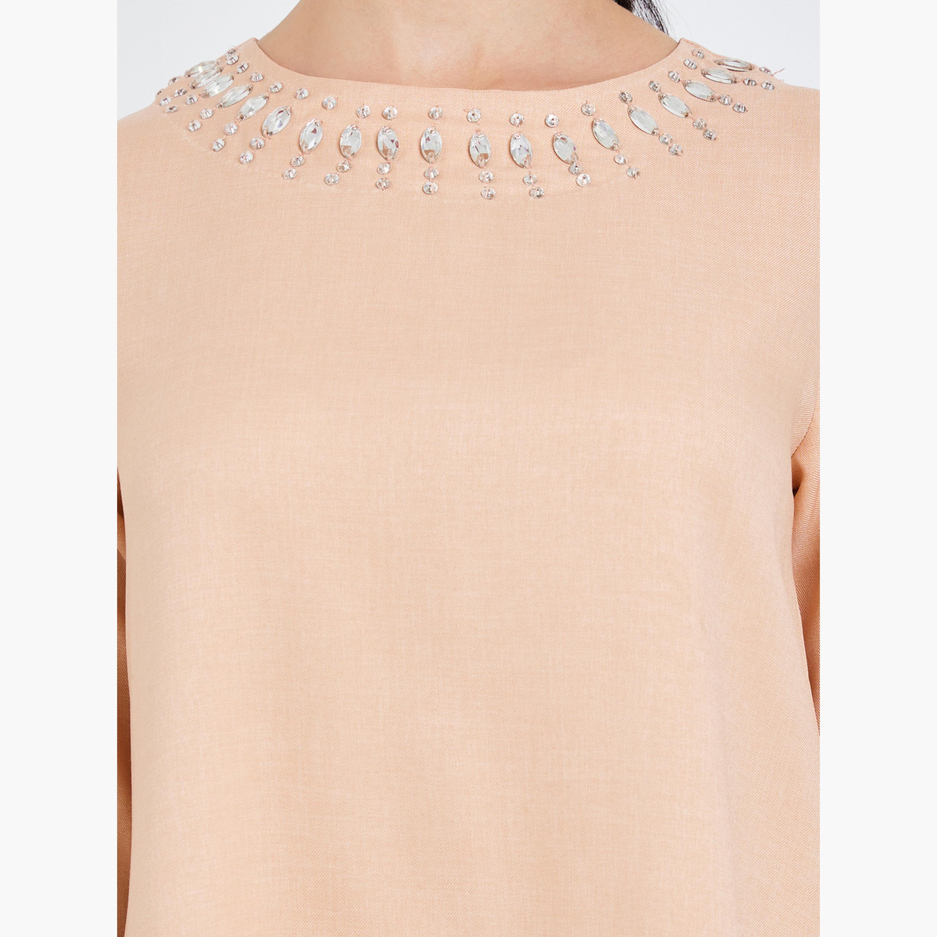 جلابية كتان بمظهر تويل مع أكمام بطول 3/4-women-arabicclothing-jalabiyas-image-4