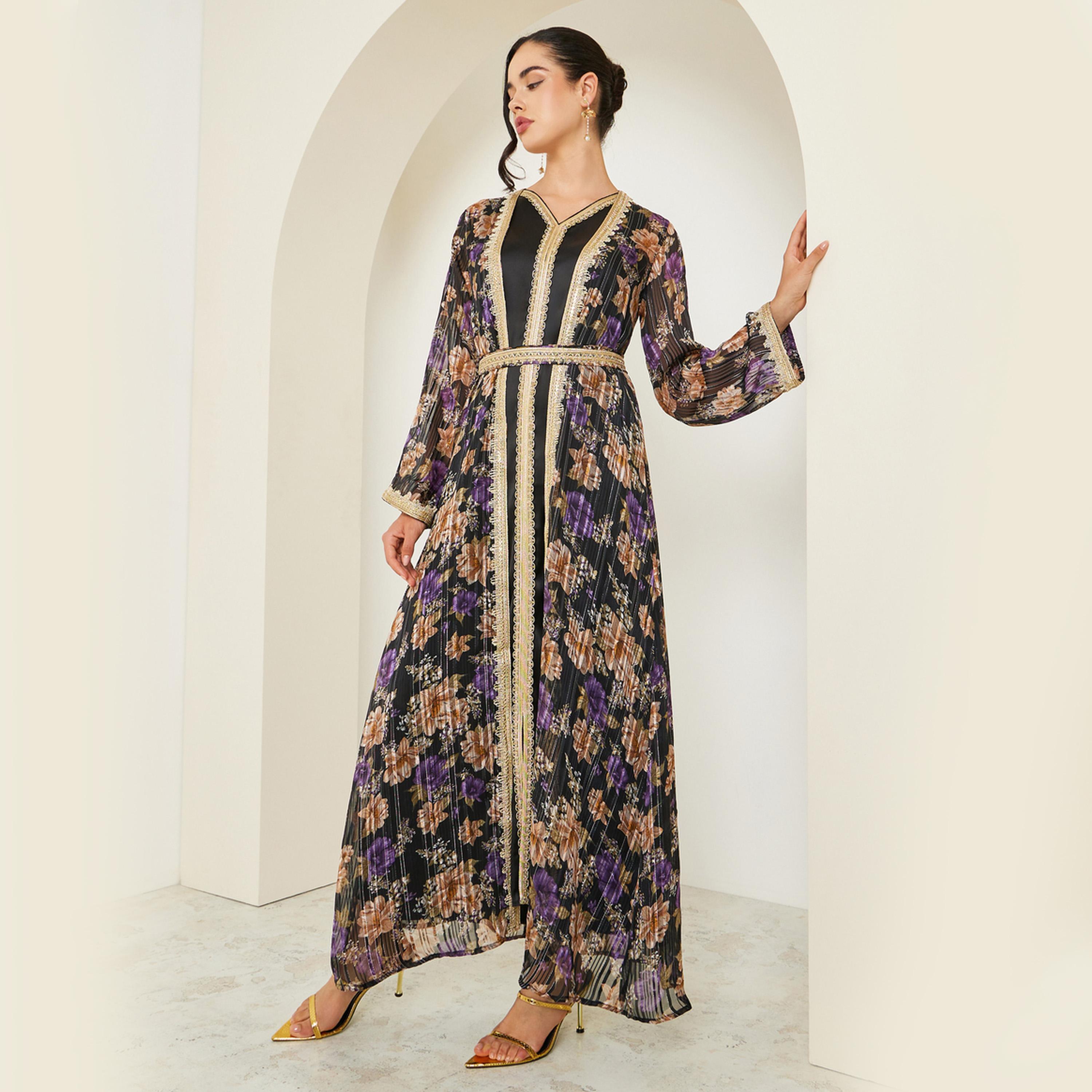 قفطان مطرز بدانتيل ذهبي وطبعة-women-arabicclothing-kaftan-image-1