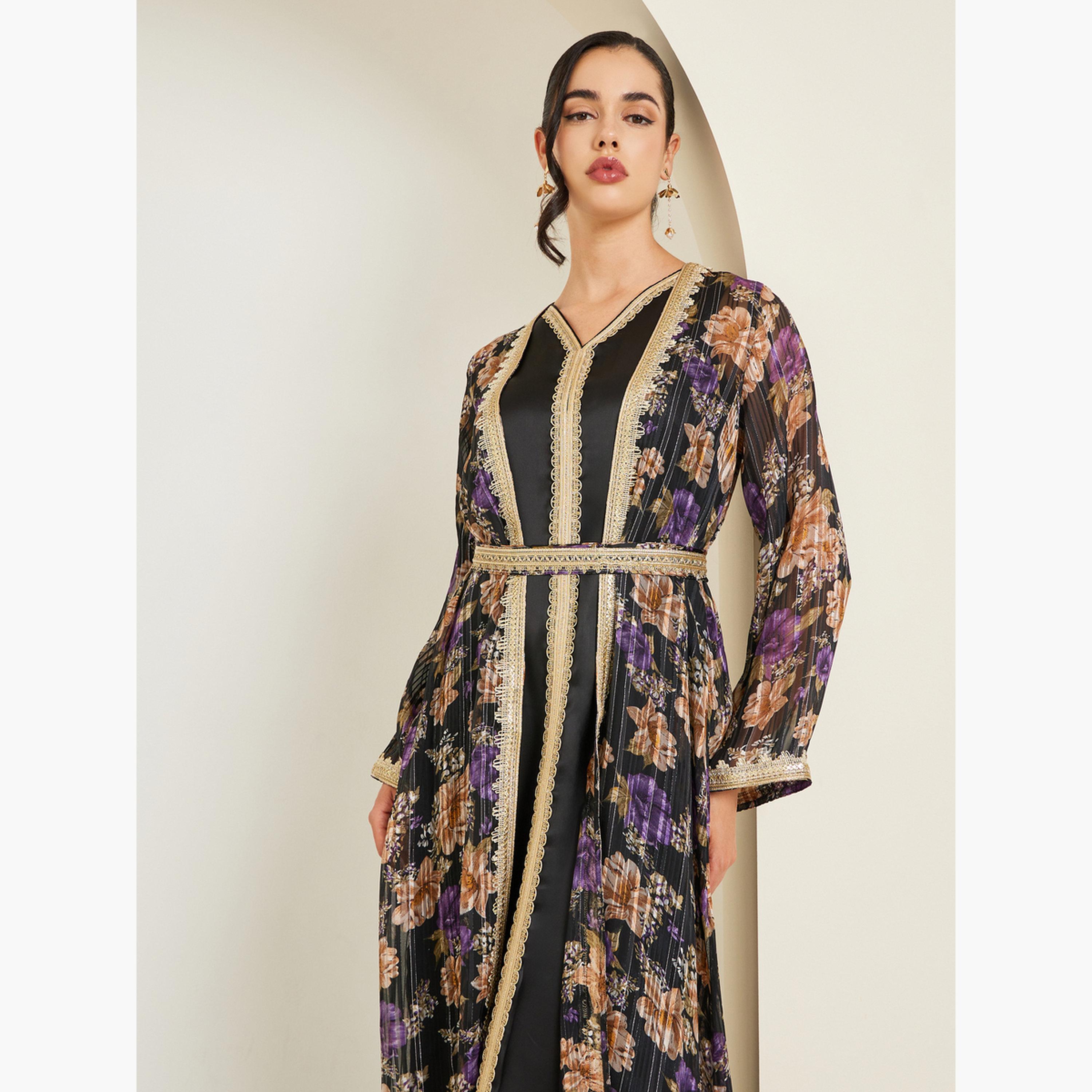 قفطان مطرز بدانتيل ذهبي وطبعة-women-arabicclothing-kaftan-image-2