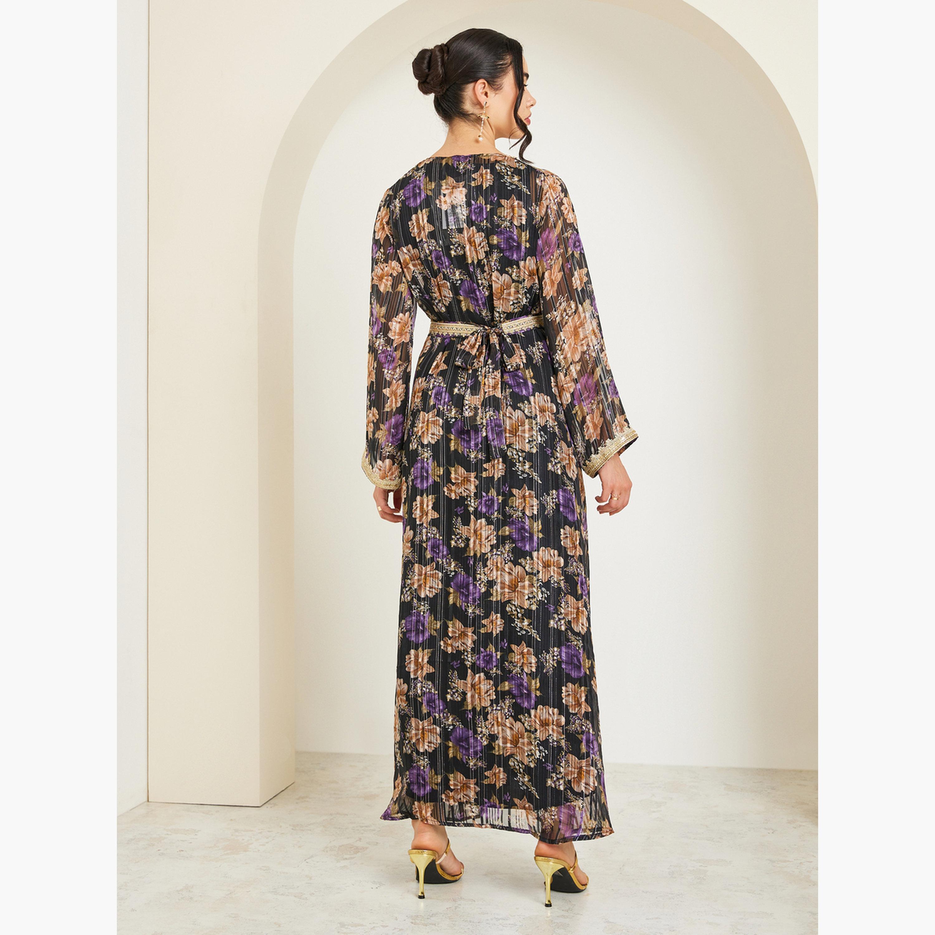 قفطان مطرز بدانتيل ذهبي وطبعة-women-arabicclothing-kaftan-image-4