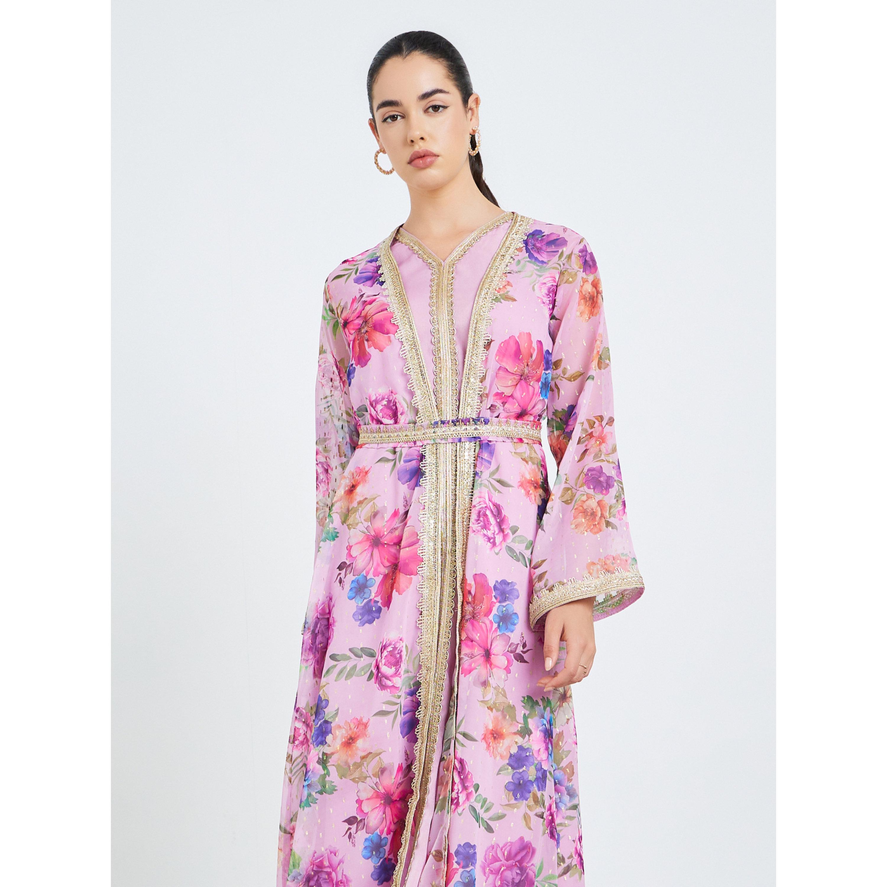 Styli Women Pink Floral Lace Insert Kaftan-women-arabicclothing-kaftan-image-2