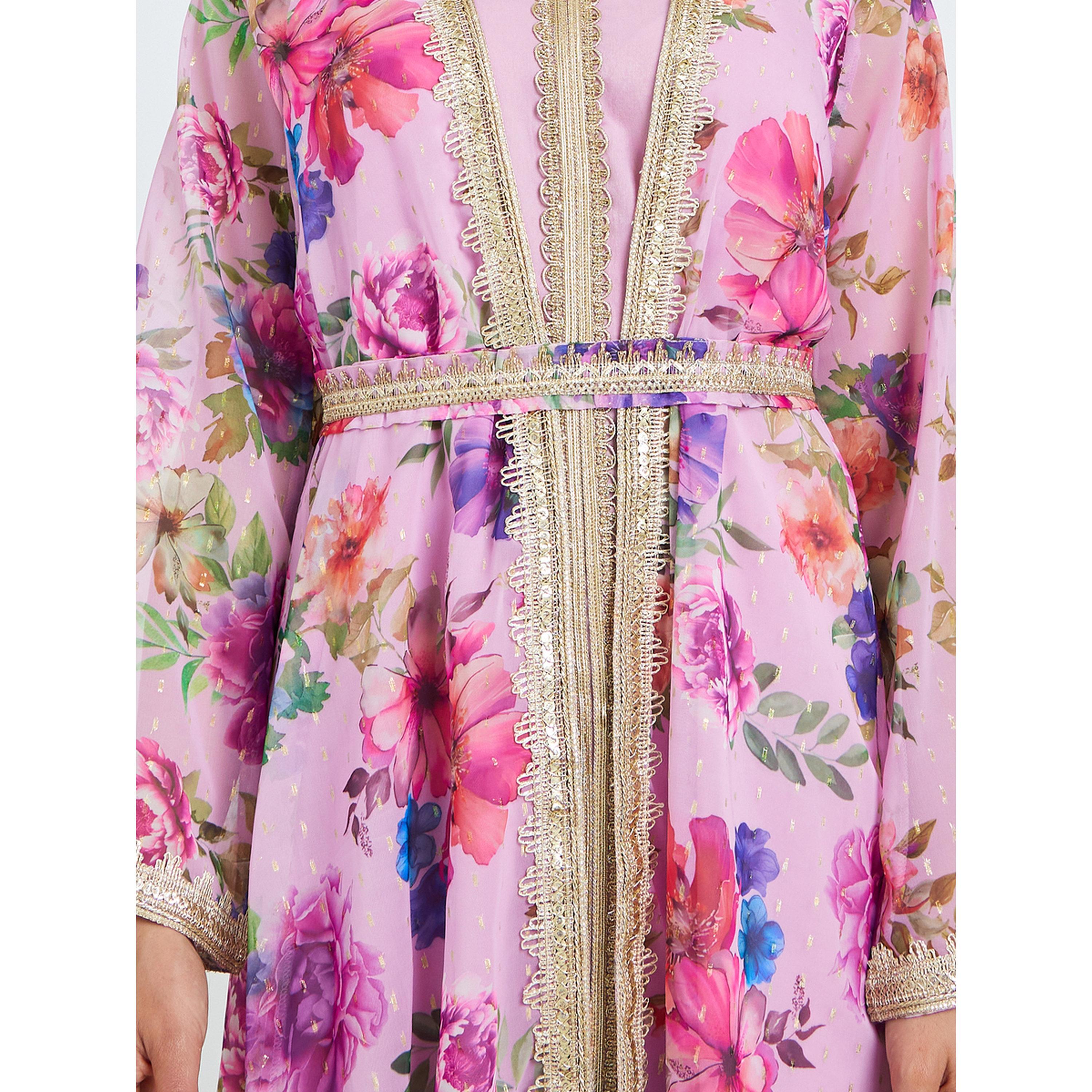Styli Women Pink Floral Lace Insert Kaftan-women-arabicclothing-kaftan-image-4