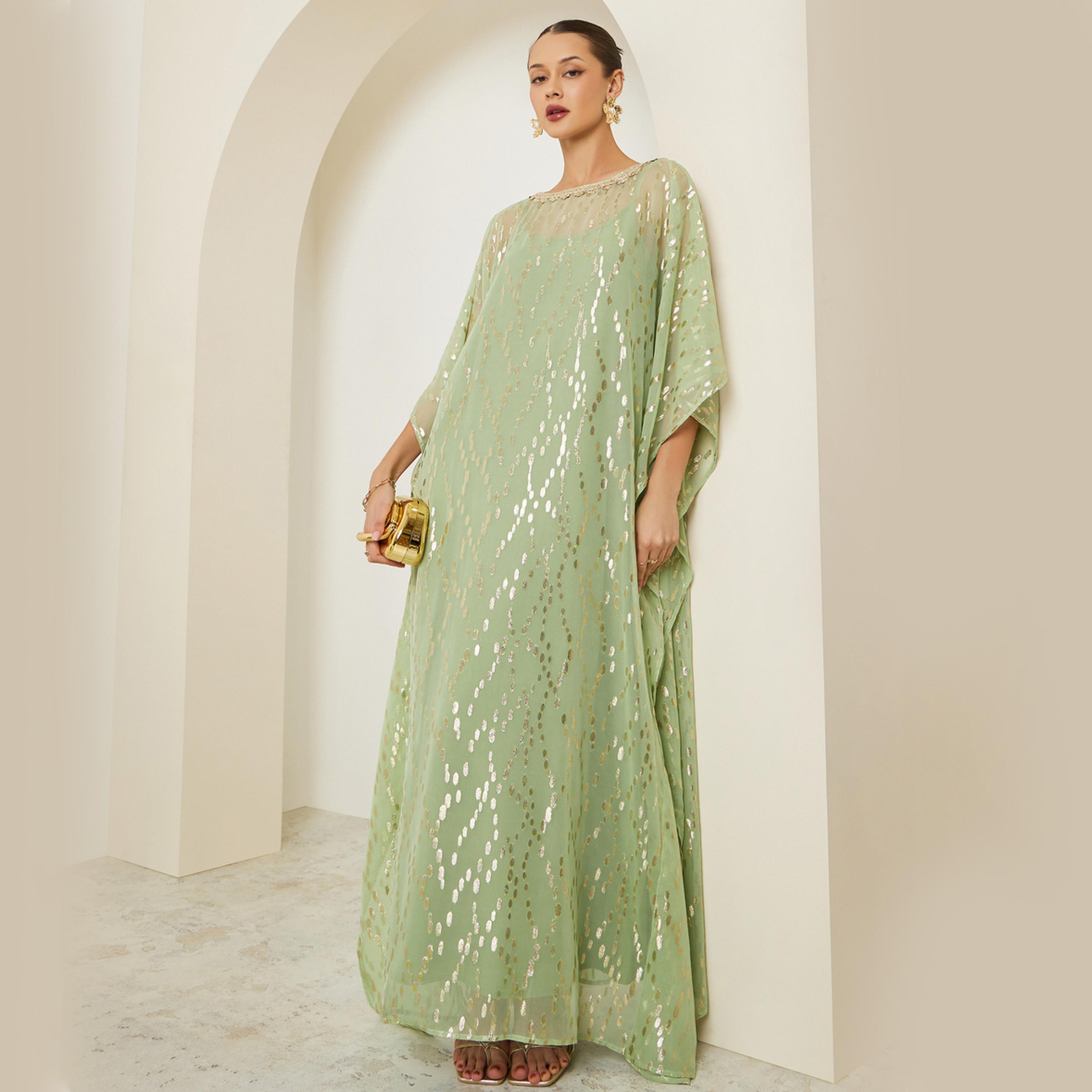 Styli Women Green Embellished Textured Kaftan-women-arabicclothing-kaftan-image-1