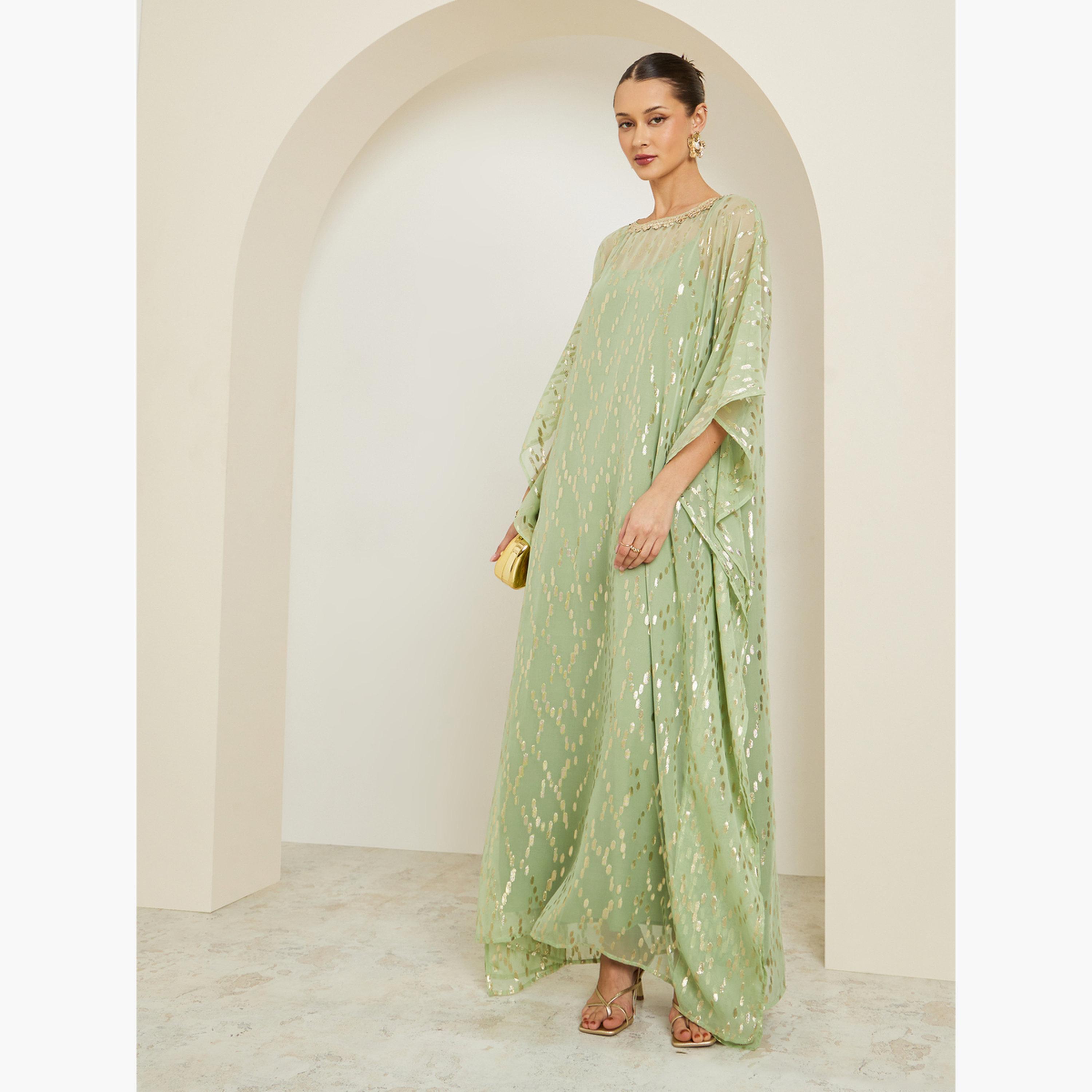 Styli Women Green Embellished Textured Kaftan-women-arabicclothing-kaftan-image-2