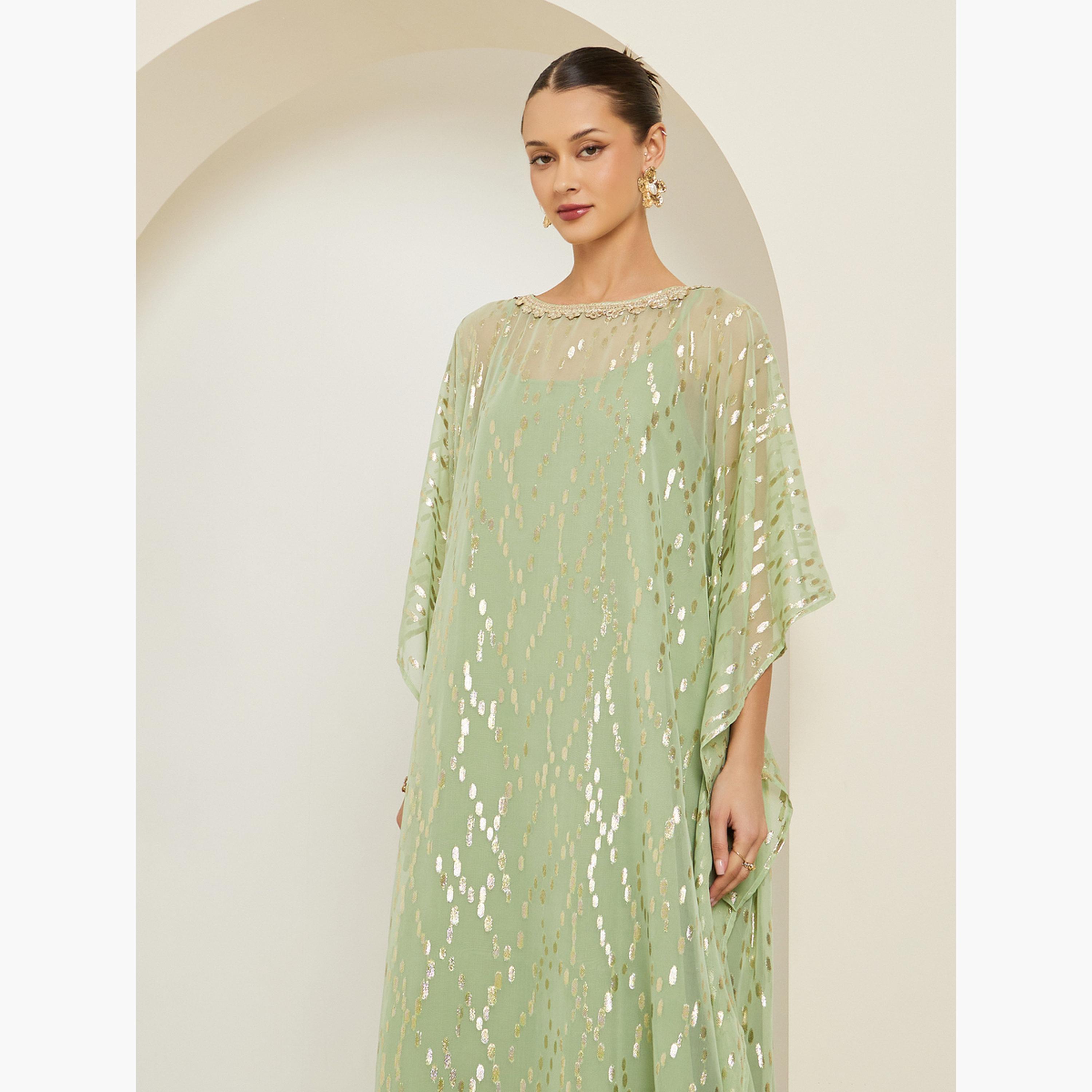 Styli Women Green Embellished Textured Kaftan-women-arabicclothing-kaftan-image-3