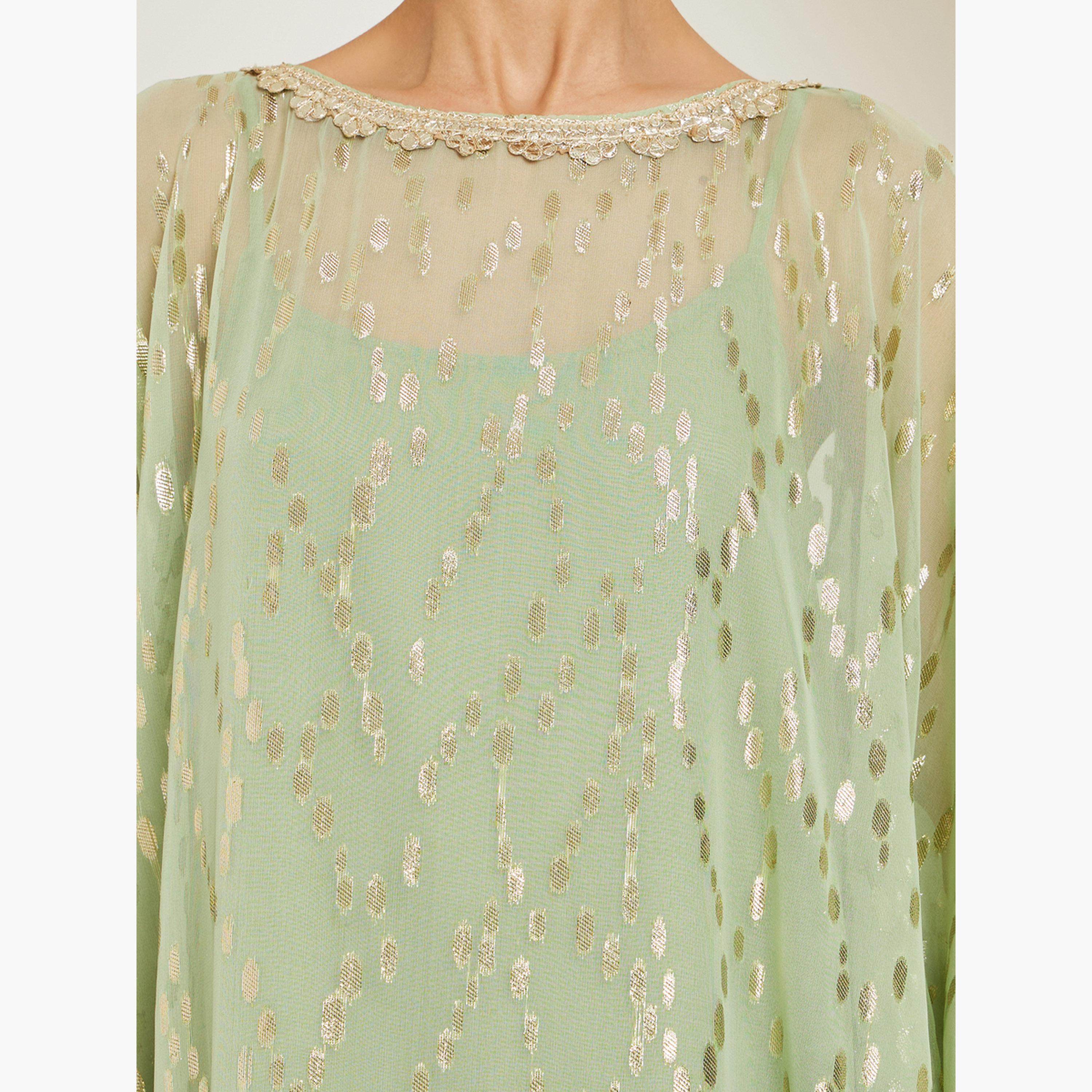 Styli Women Green Embellished Textured Kaftan-women-arabicclothing-kaftan-image-4
