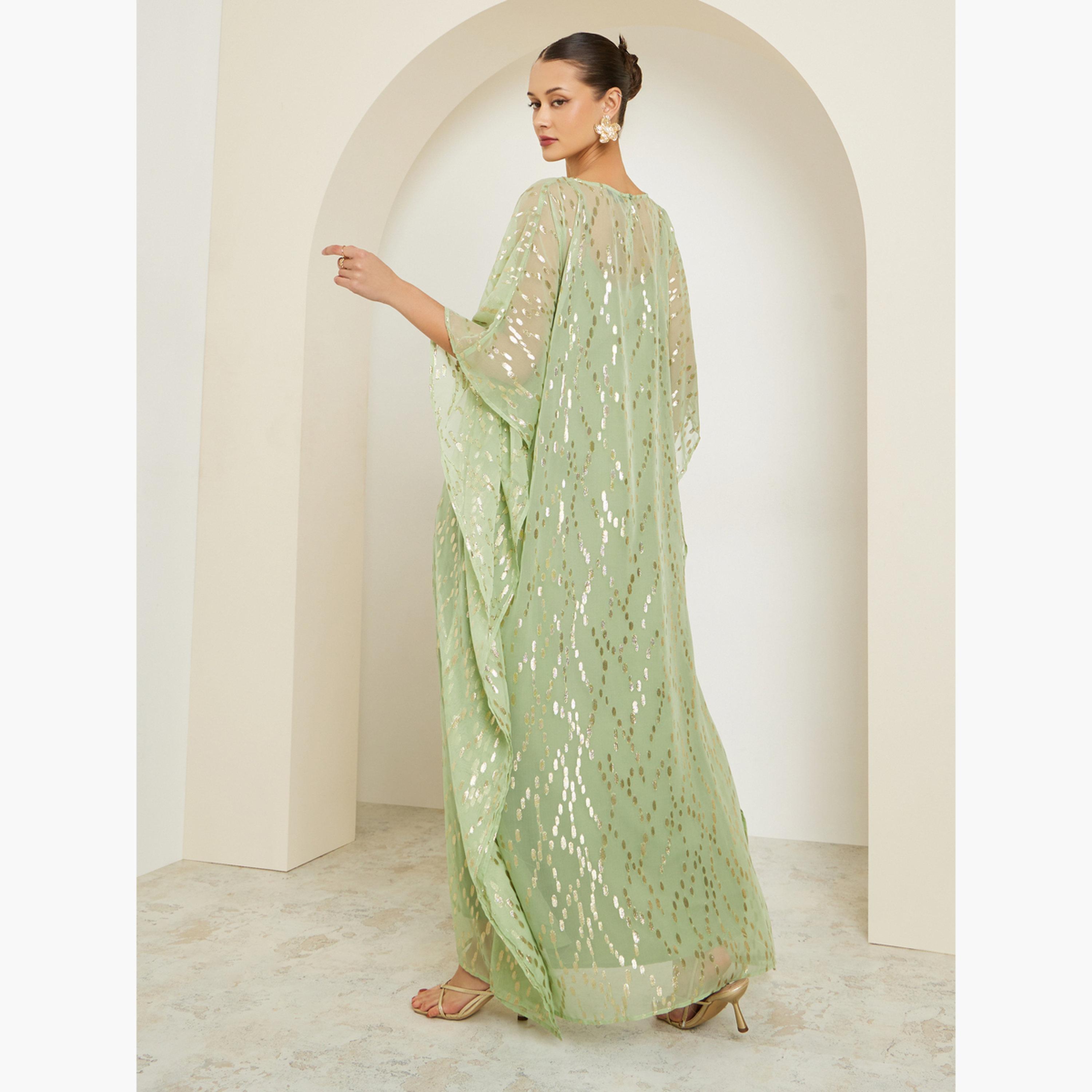 Styli Women Green Embellished Textured Kaftan-women-arabicclothing-kaftan-image-5
