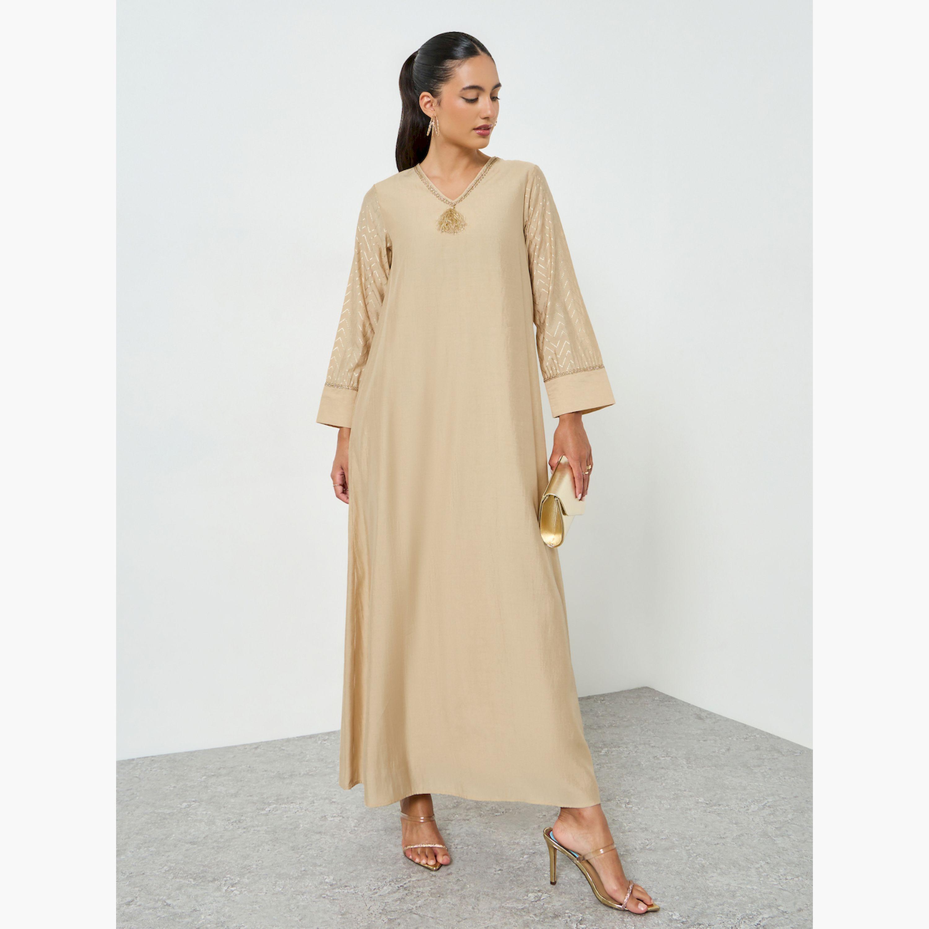 Styli Beige Foil Print V-Neck Jalabiya-women-arabicclothing-jalabiyas-image-1