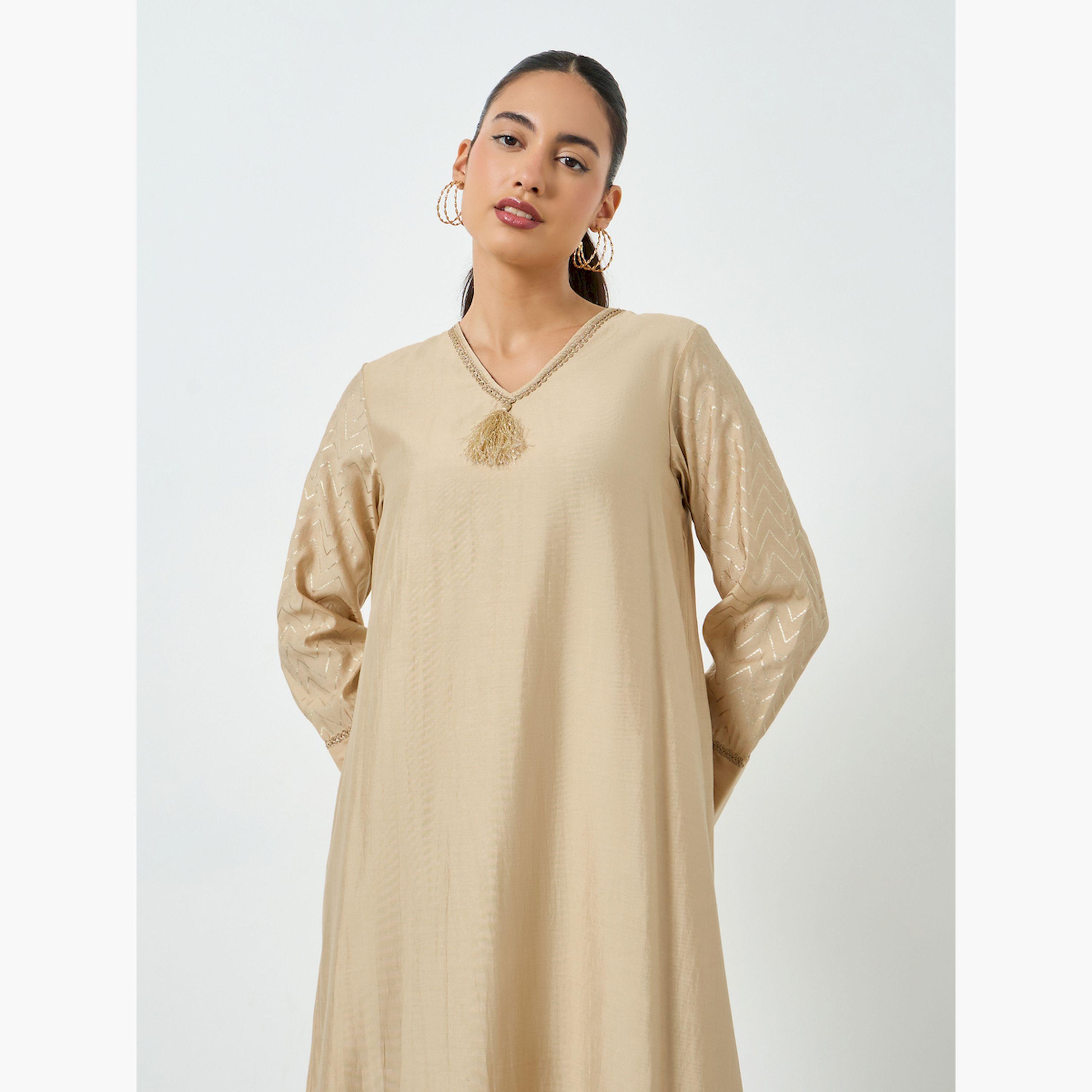 Styli Beige Foil Print V-Neck Jalabiya-women-arabicclothing-jalabiyas-image-2