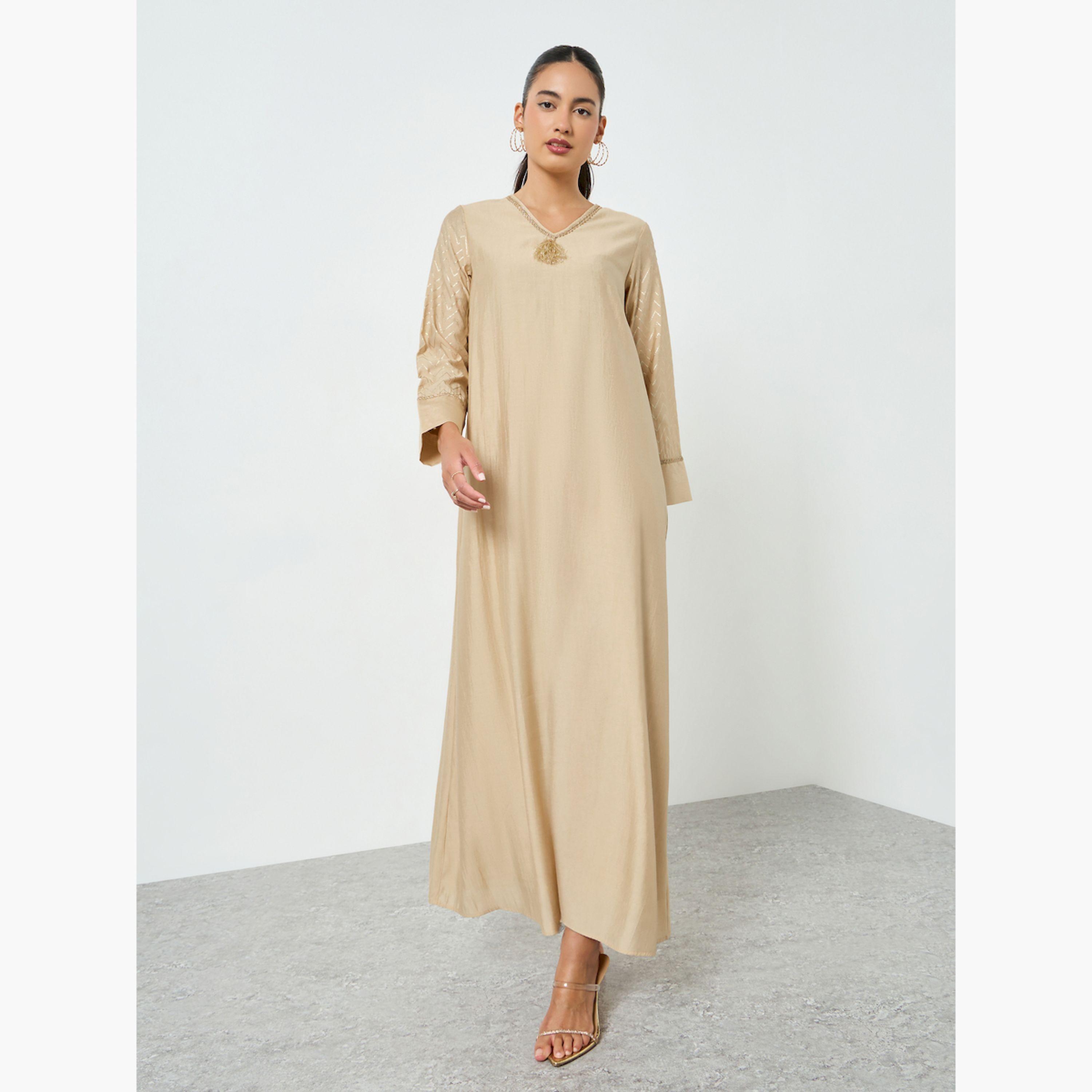 Styli Beige Foil Print V-Neck Jalabiya-women-arabicclothing-jalabiyas-image-3