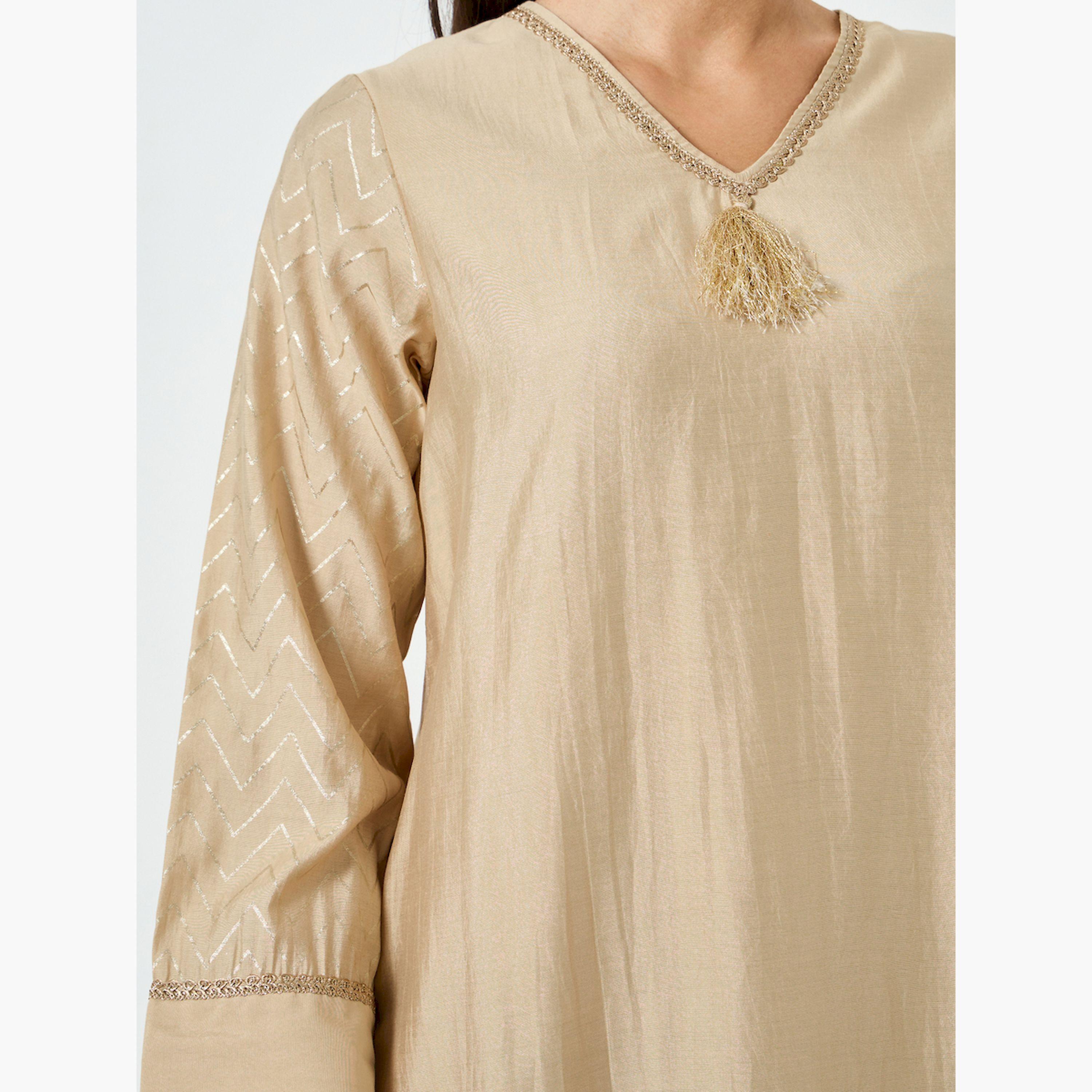 Styli Beige Foil Print V-Neck Jalabiya-women-arabicclothing-jalabiyas-image-4