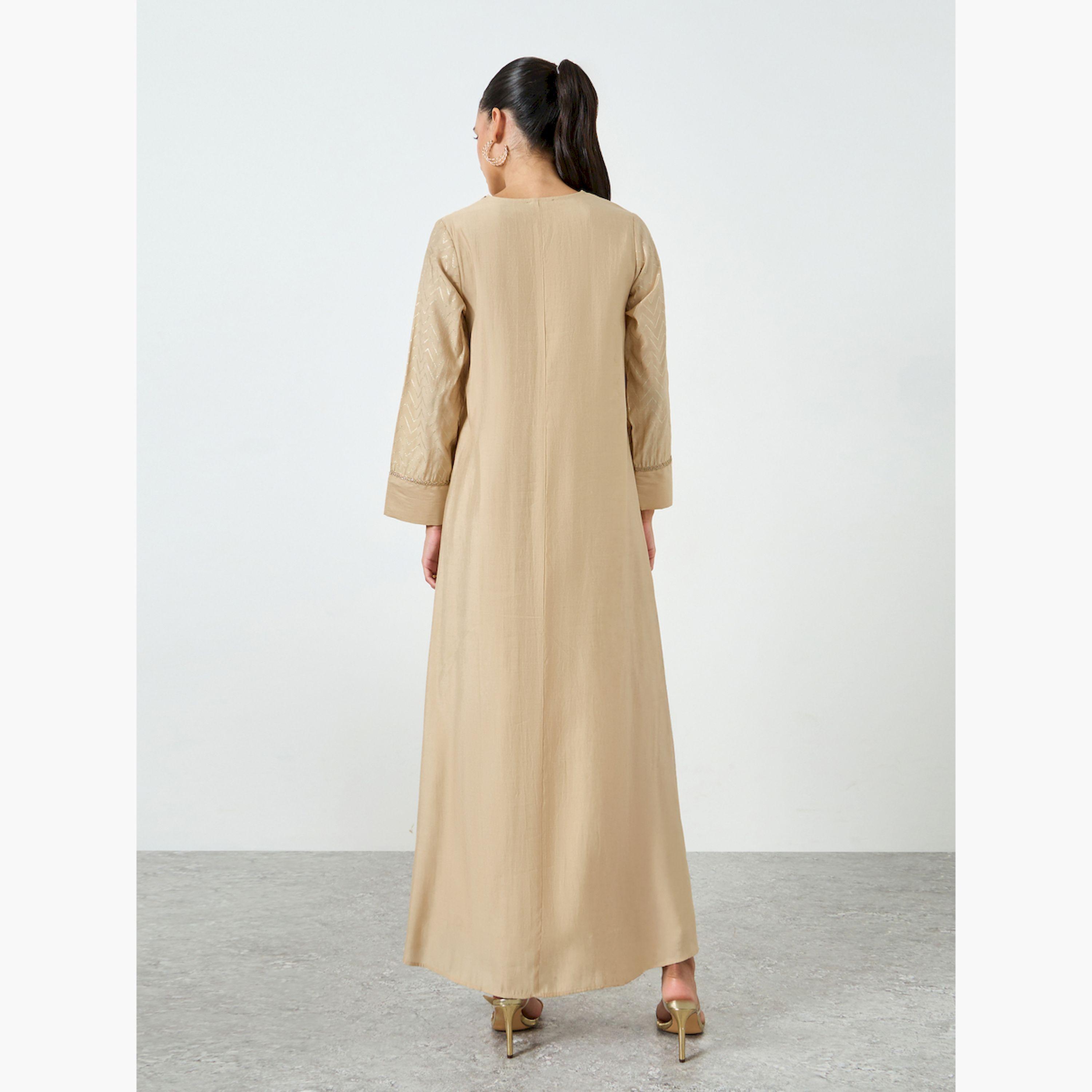 Styli Beige Foil Print V-Neck Jalabiya-women-arabicclothing-jalabiyas-image-5