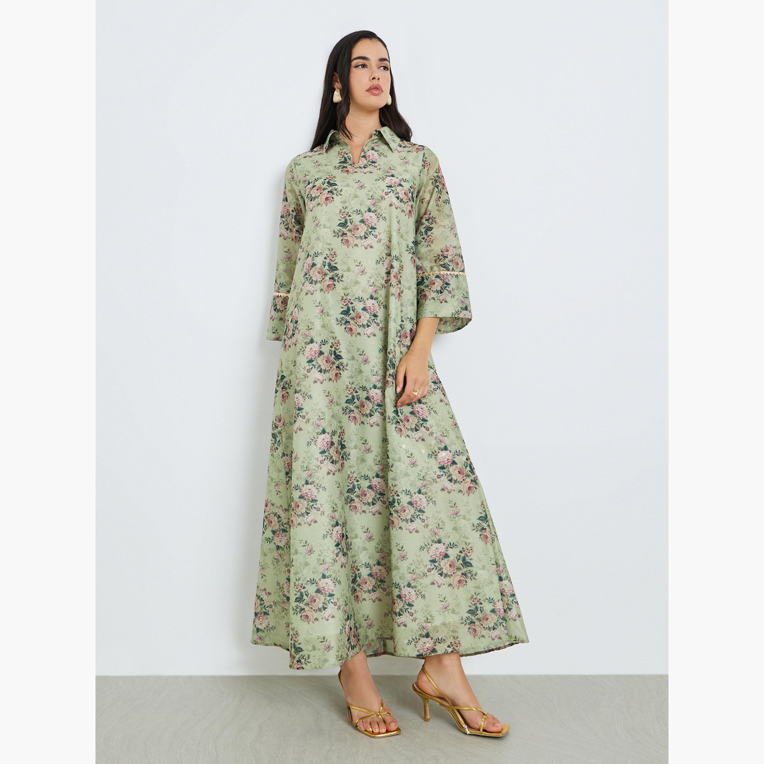 جلابية بحافة واسعة وطبعة زهور للنساء-women-arabicclothing-jalabiyas-image-1