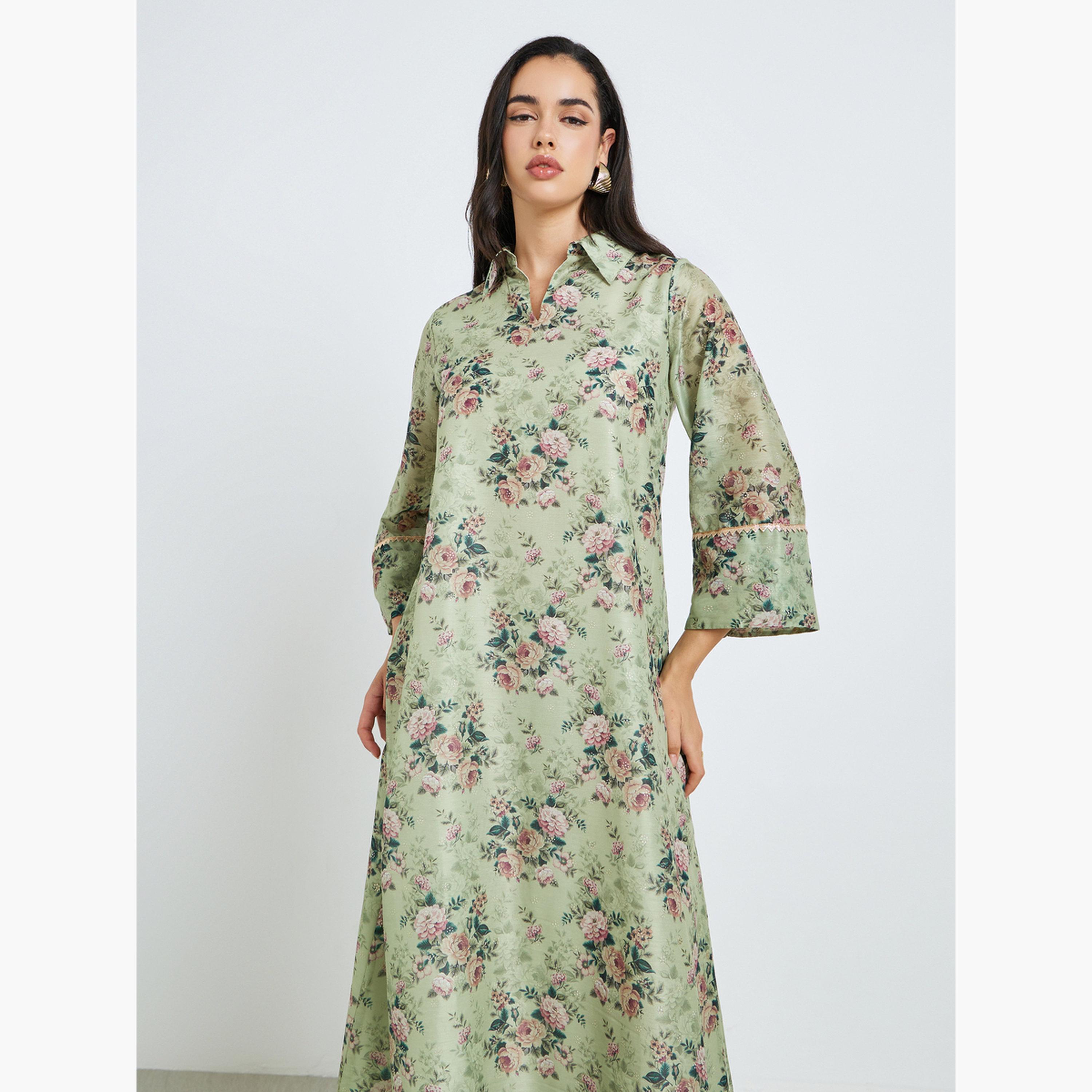 جلابية بحافة واسعة وطبعة زهور للنساء-women-arabicclothing-jalabiyas-image-2