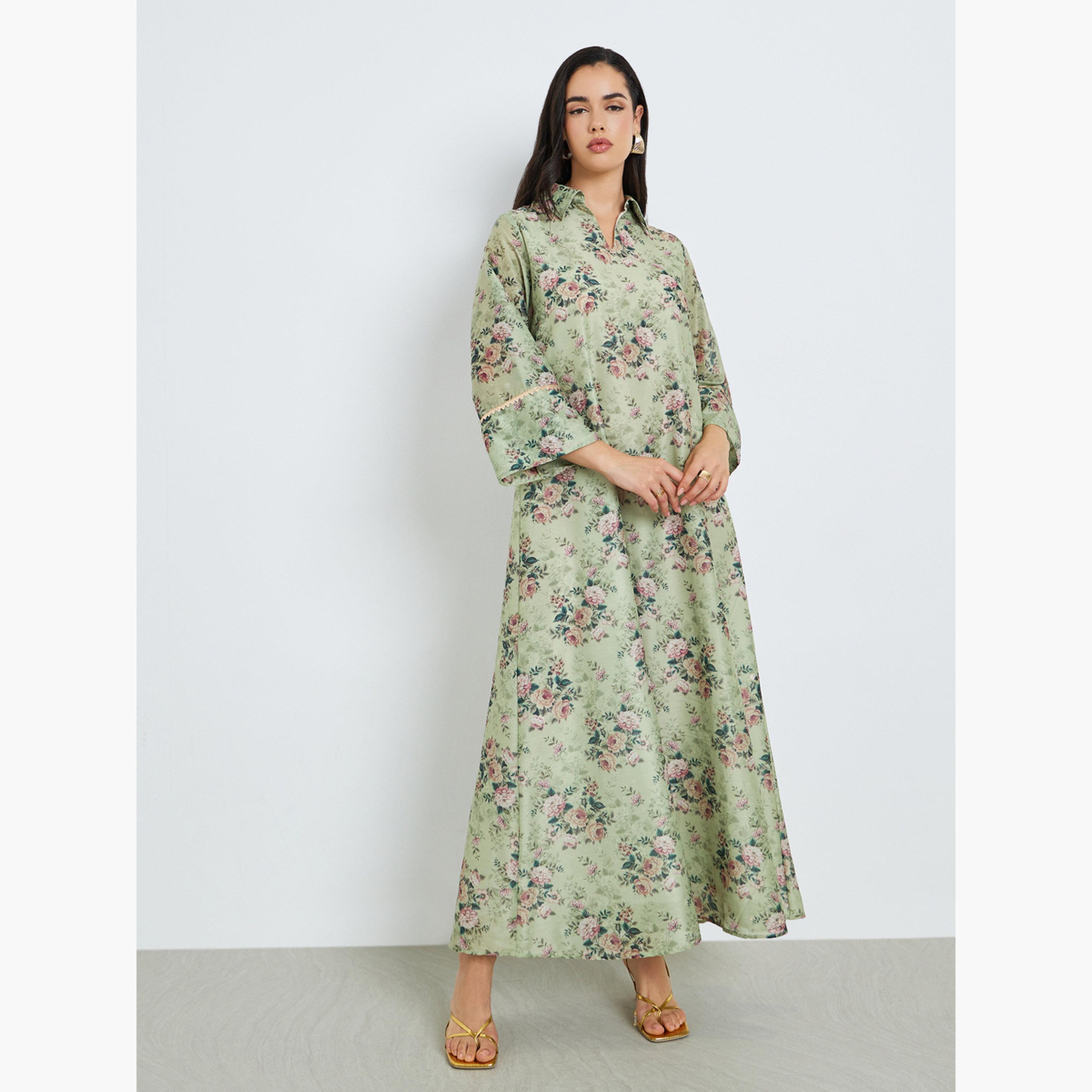 جلابية بحافة واسعة وطبعة زهور للنساء-women-arabicclothing-jalabiyas-image-3