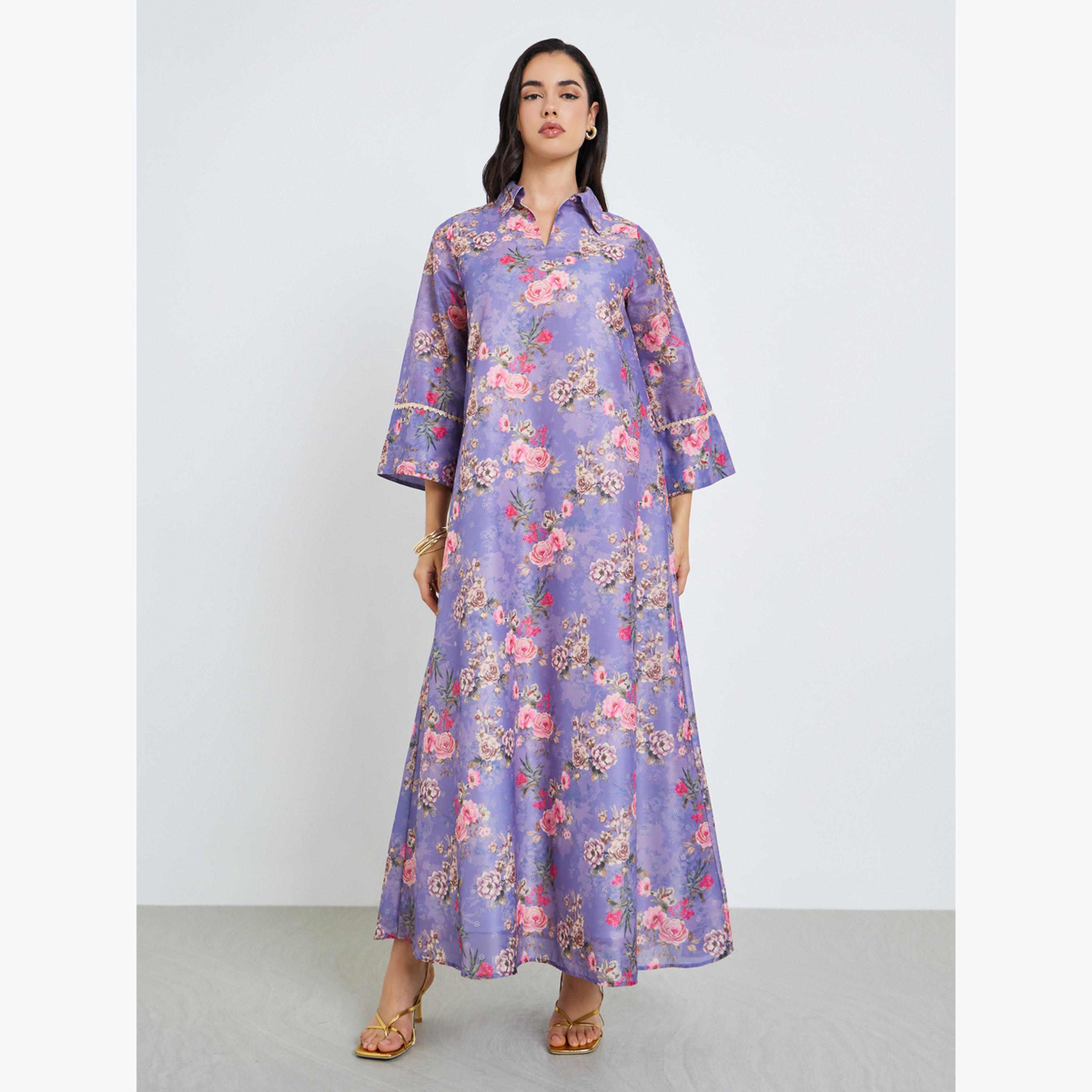 جلابية بحافة واسعة وطبعة زهور-women-arabicclothing-jalabiyas-image-1