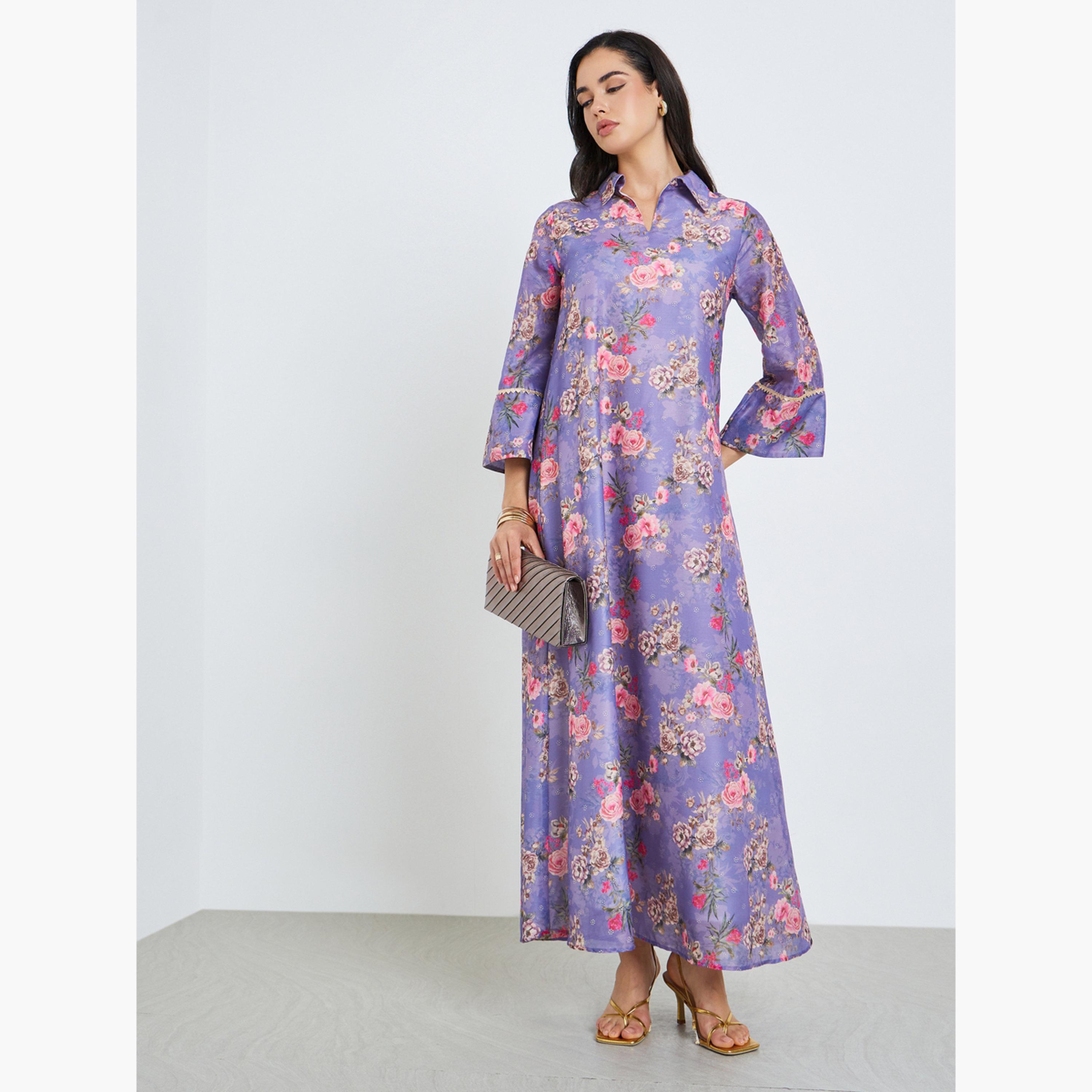 جلابية بحافة واسعة وطبعة زهور-women-arabicclothing-jalabiyas-image-3