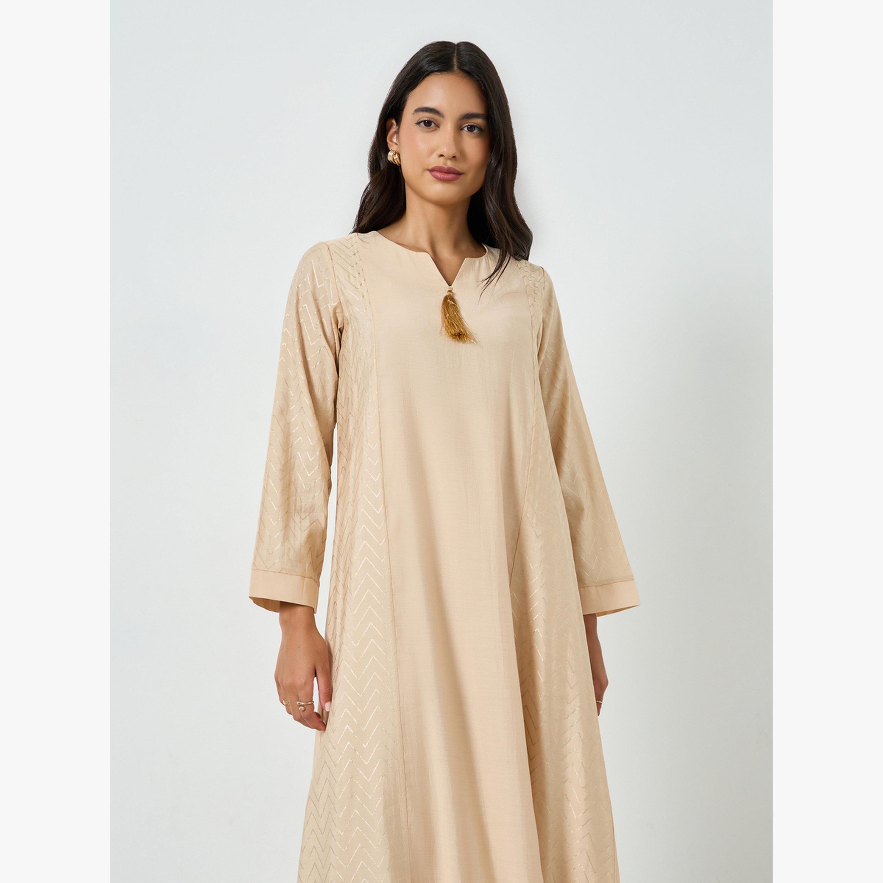Styli Beige Zig Zag Foil Print Jalabiya-women-arabicclothing-jalabiyas-image-3