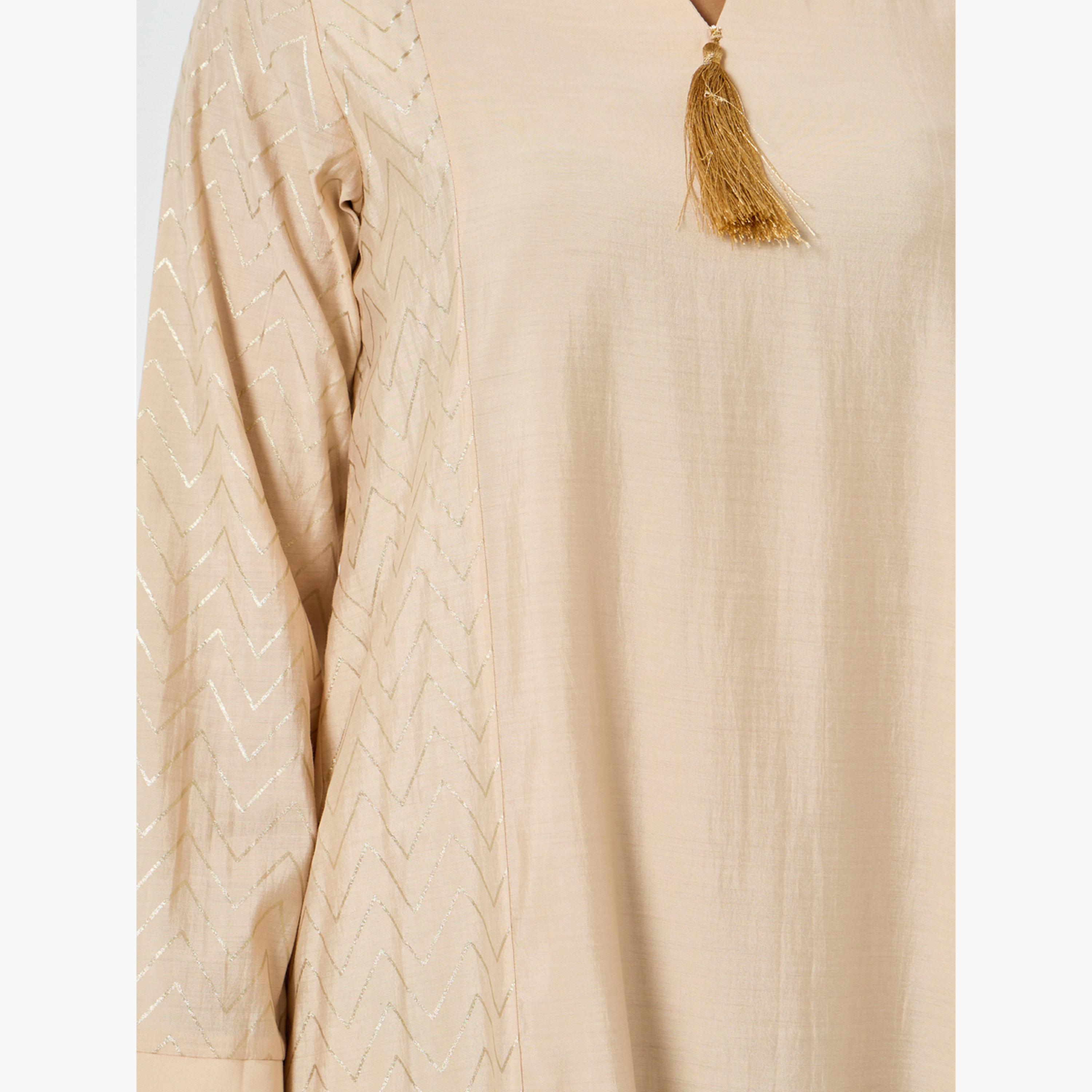 Styli Beige Zig Zag Foil Print Jalabiya-women-arabicclothing-jalabiyas-image-6