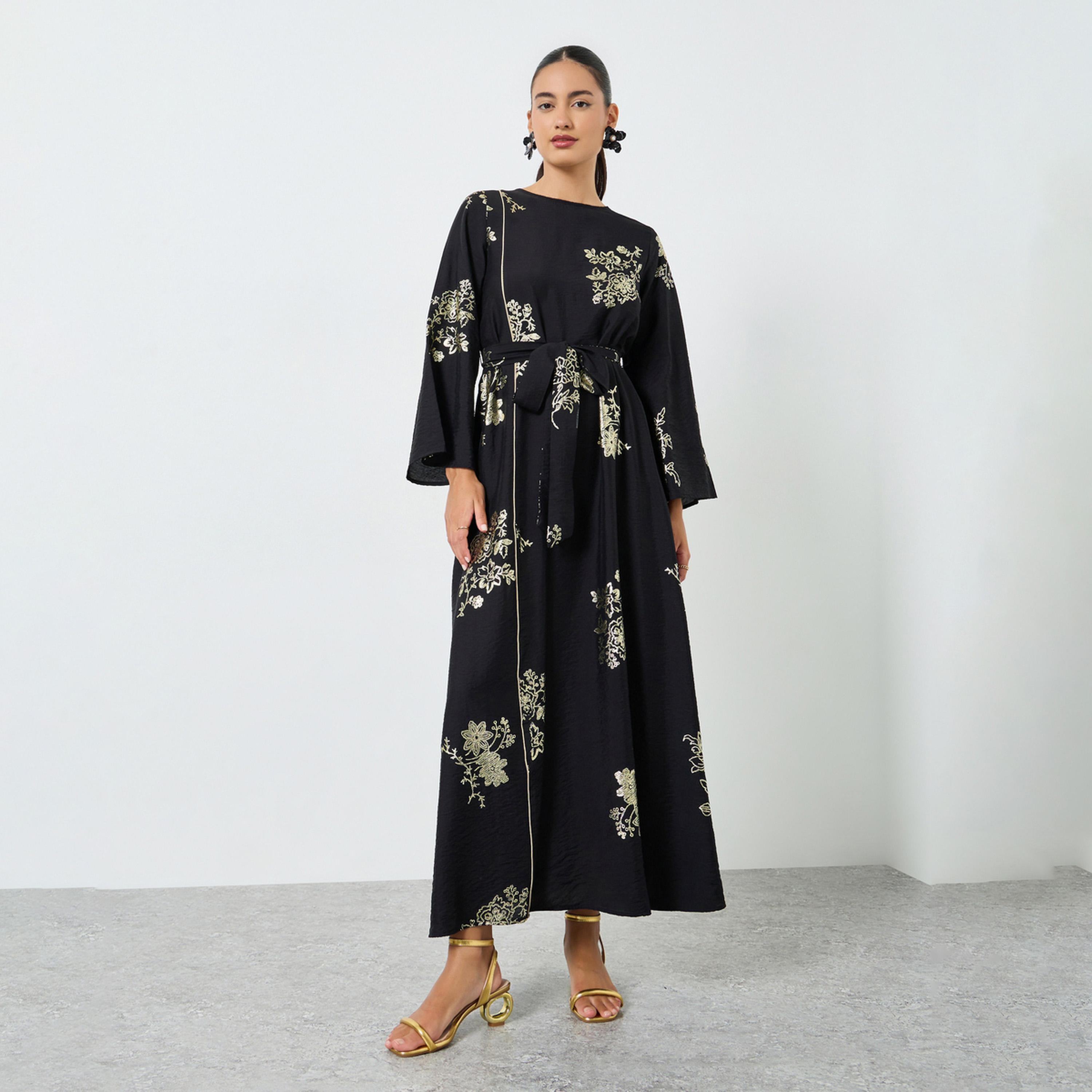 جلابية بطبعة أزهار رقائق معدنية مع حزام ربط-women-arabicclothing-jalabiyas-image-1