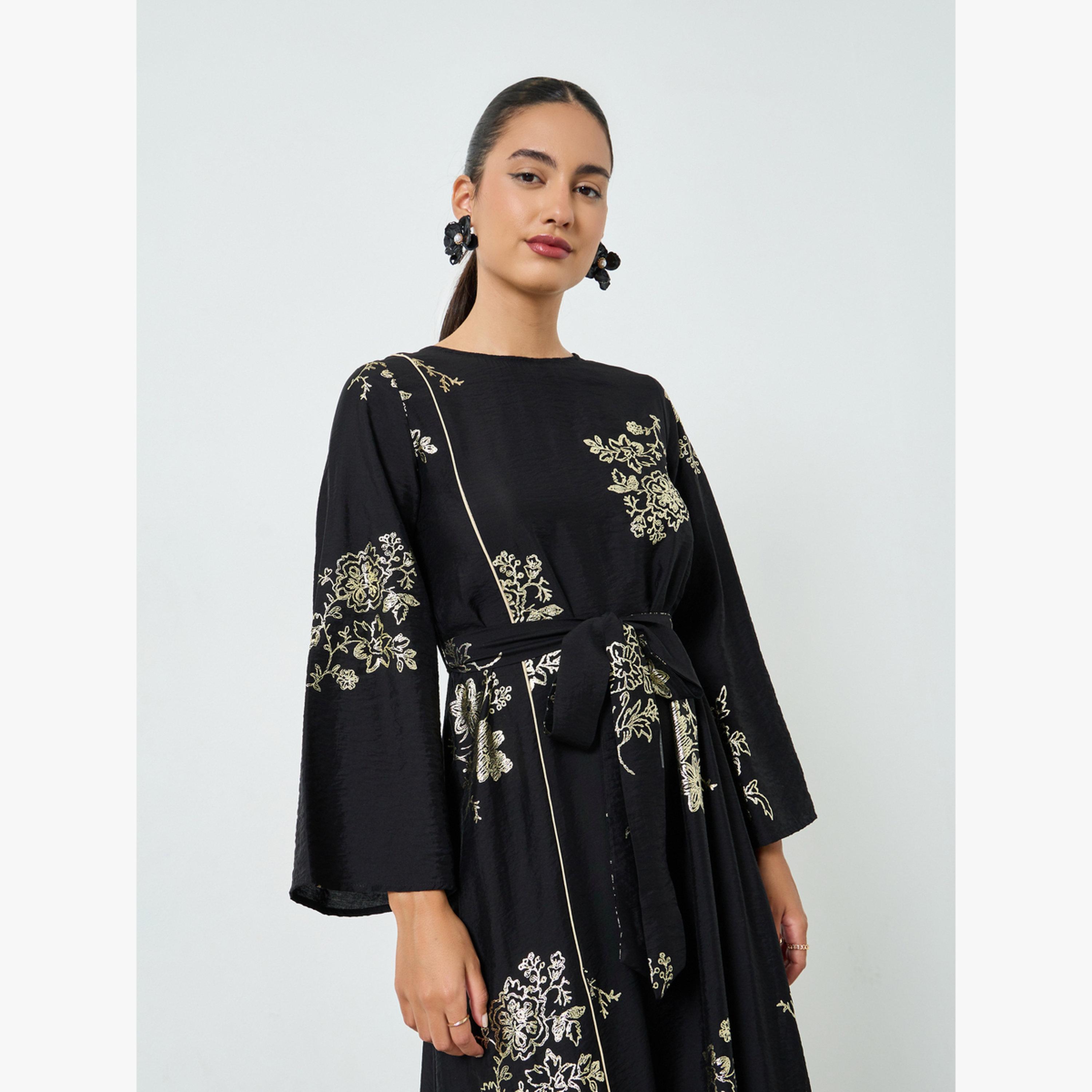 جلابية بطبعة أزهار رقائق معدنية مع حزام ربط-women-arabicclothing-jalabiyas-image-2