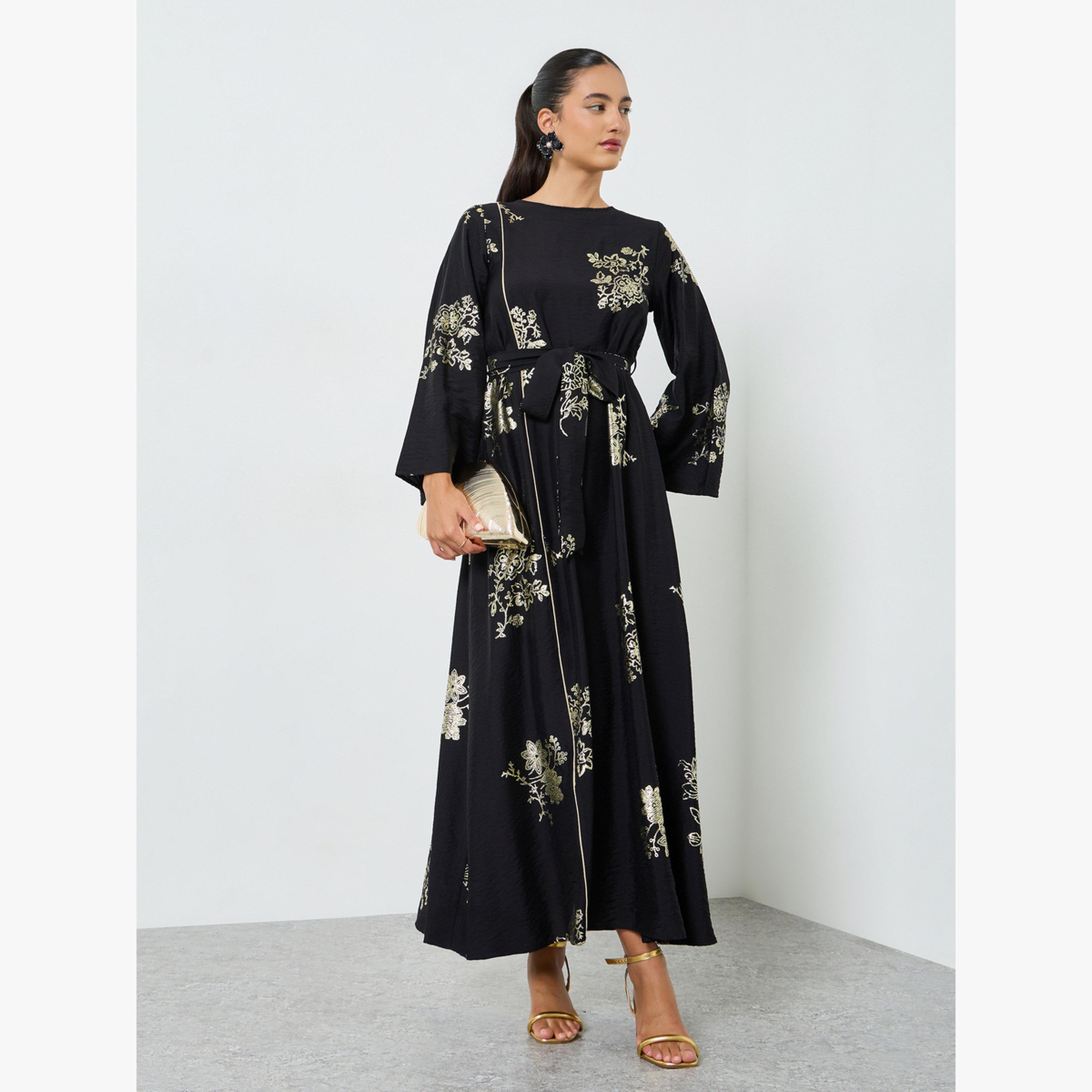 Styli Black Floral Foil Print Jalabiya with Tie Belt-women-arabicclothing-jalabiyas-image-3