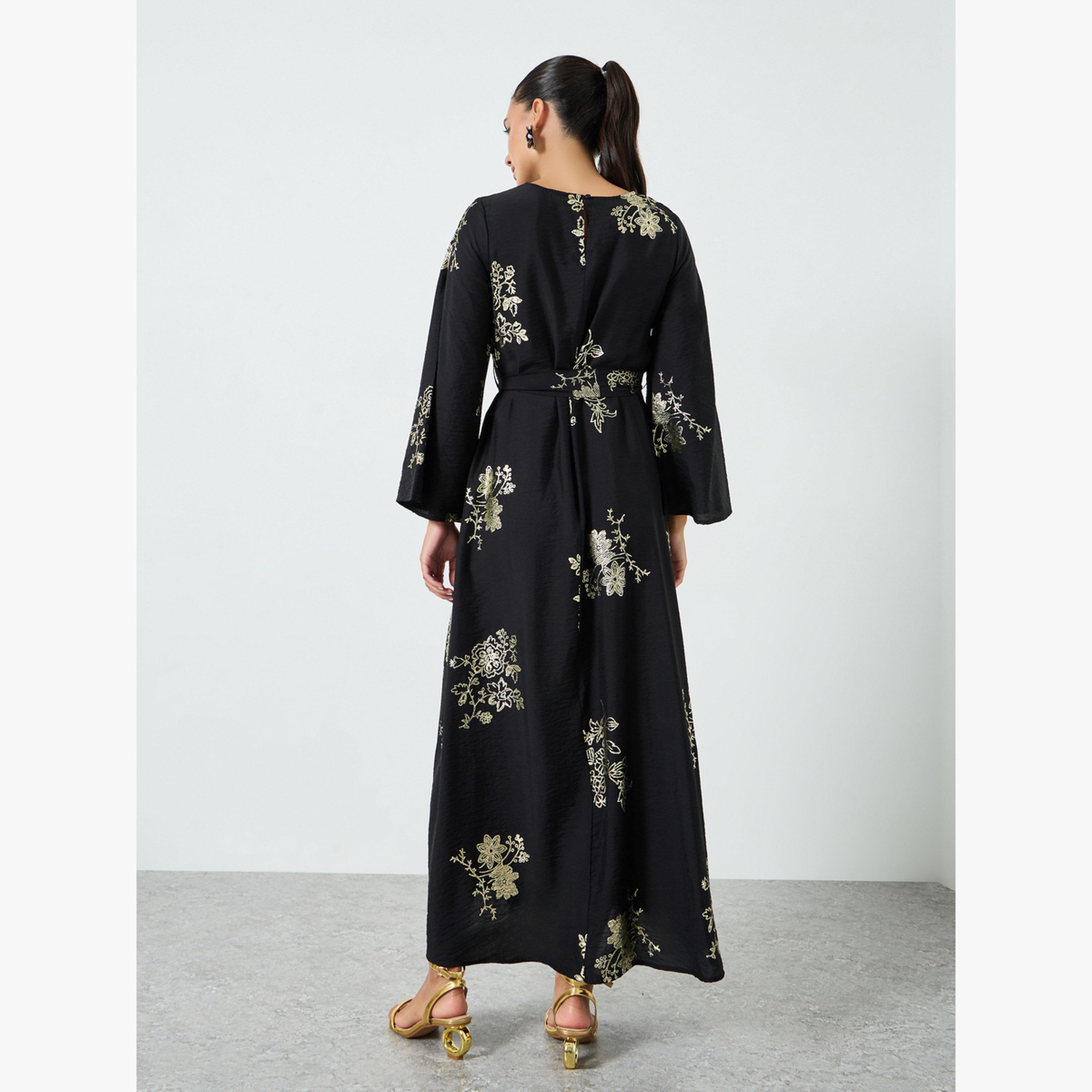 جلابية بطبعة أزهار رقائق معدنية مع حزام ربط-women-arabicclothing-jalabiyas-image-4