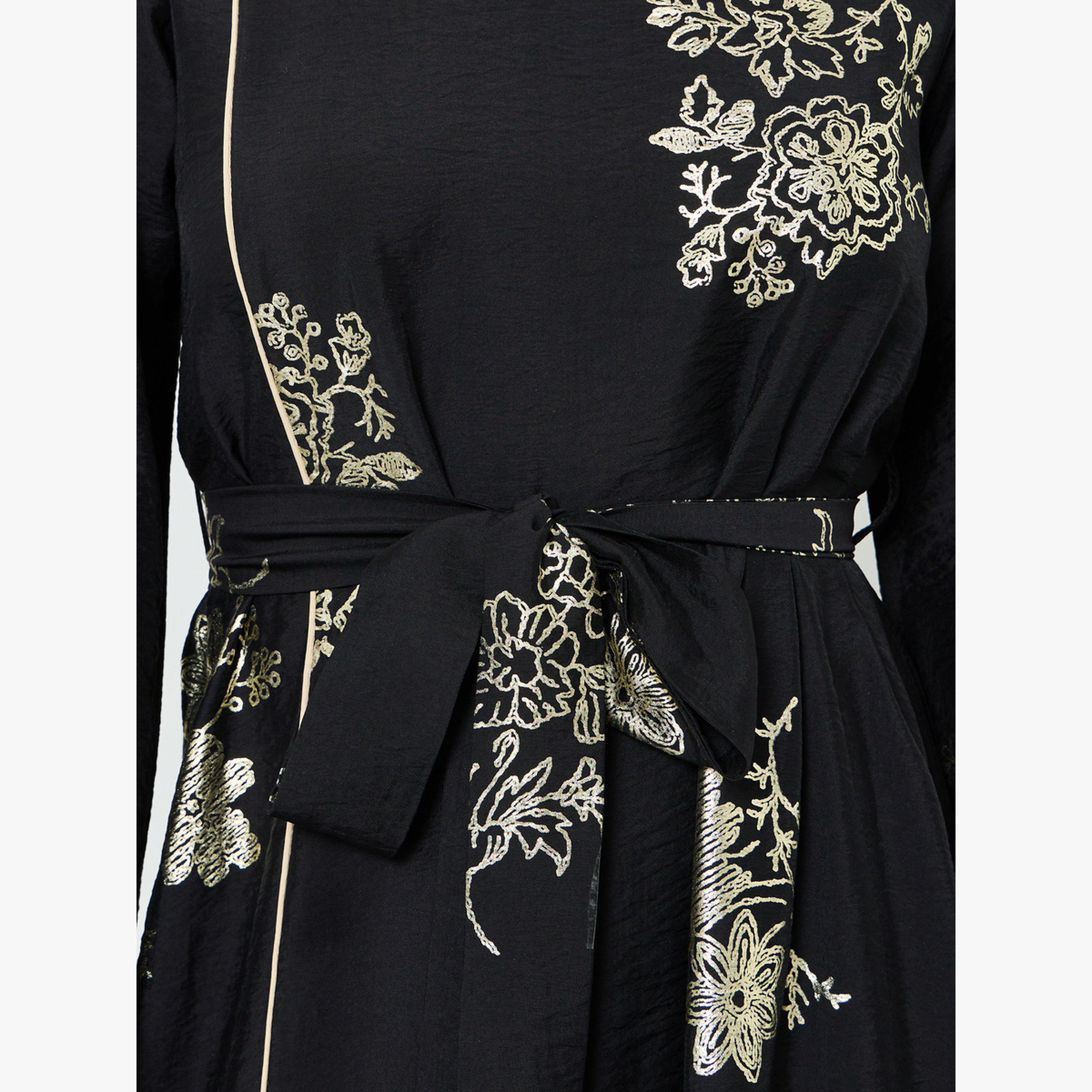 جلابية بطبعة أزهار رقائق معدنية مع حزام ربط-women-arabicclothing-jalabiyas-image-5