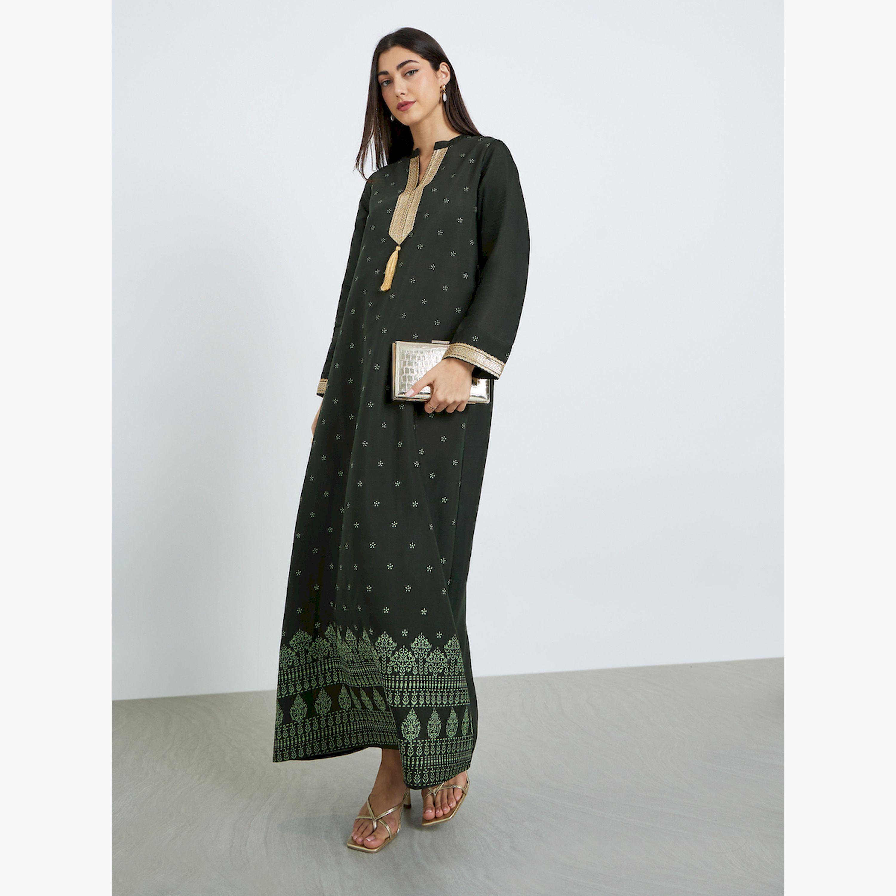 Styli Women Green Embroidered Trim Printed Jalabiya-women-arabicclothing-jalabiyas-image-1