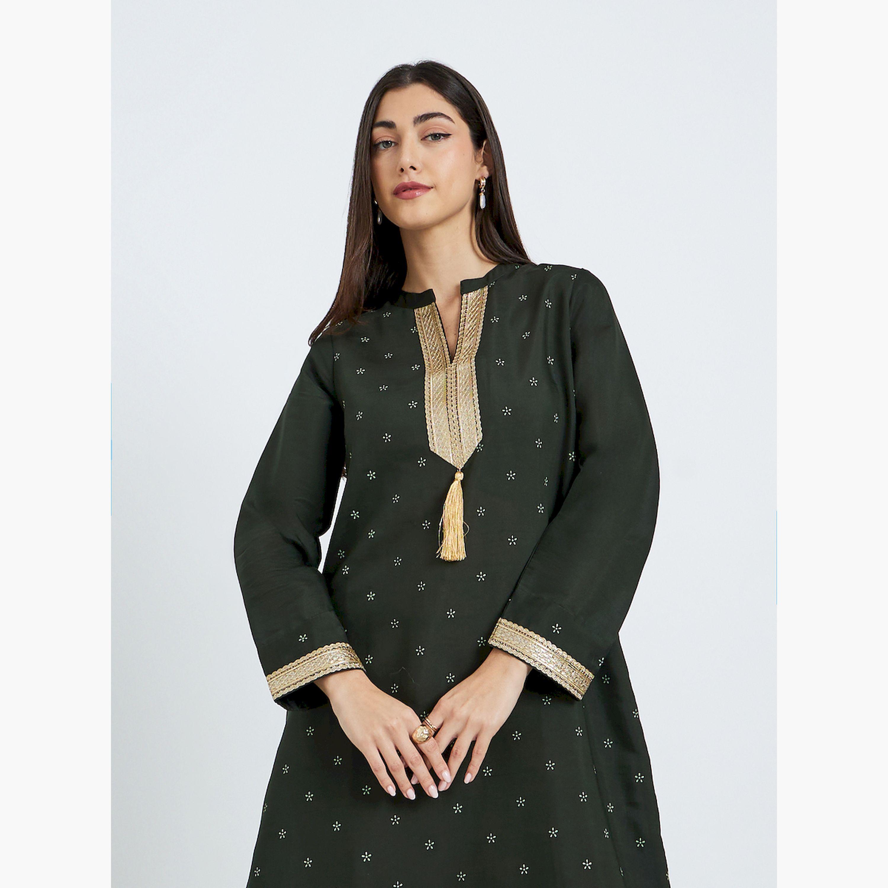 Styli Women Green Embroidered Trim Printed Jalabiya-women-arabicclothing-jalabiyas-image-2