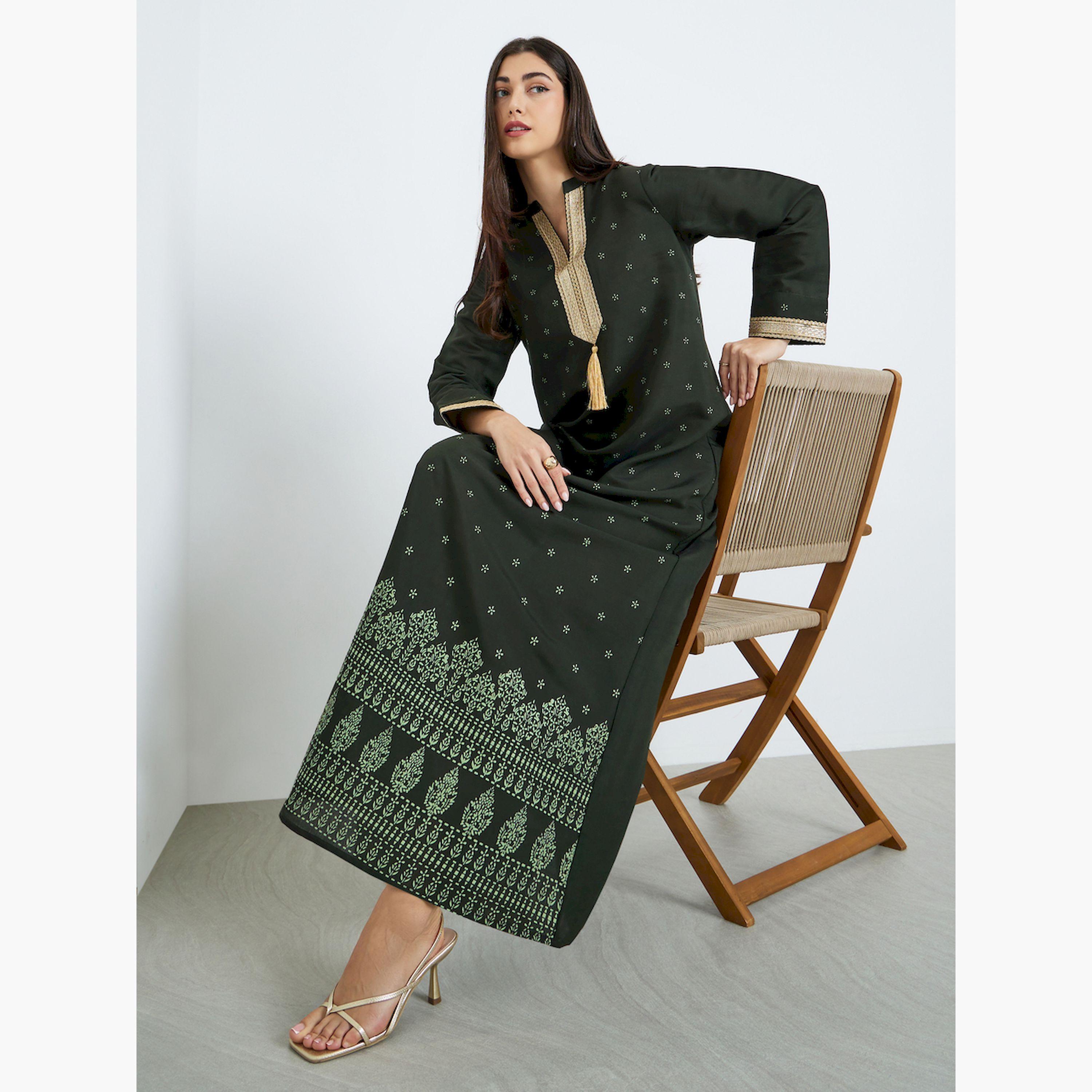 Styli Women Green Embroidered Trim Printed Jalabiya-women-arabicclothing-jalabiyas-image-3