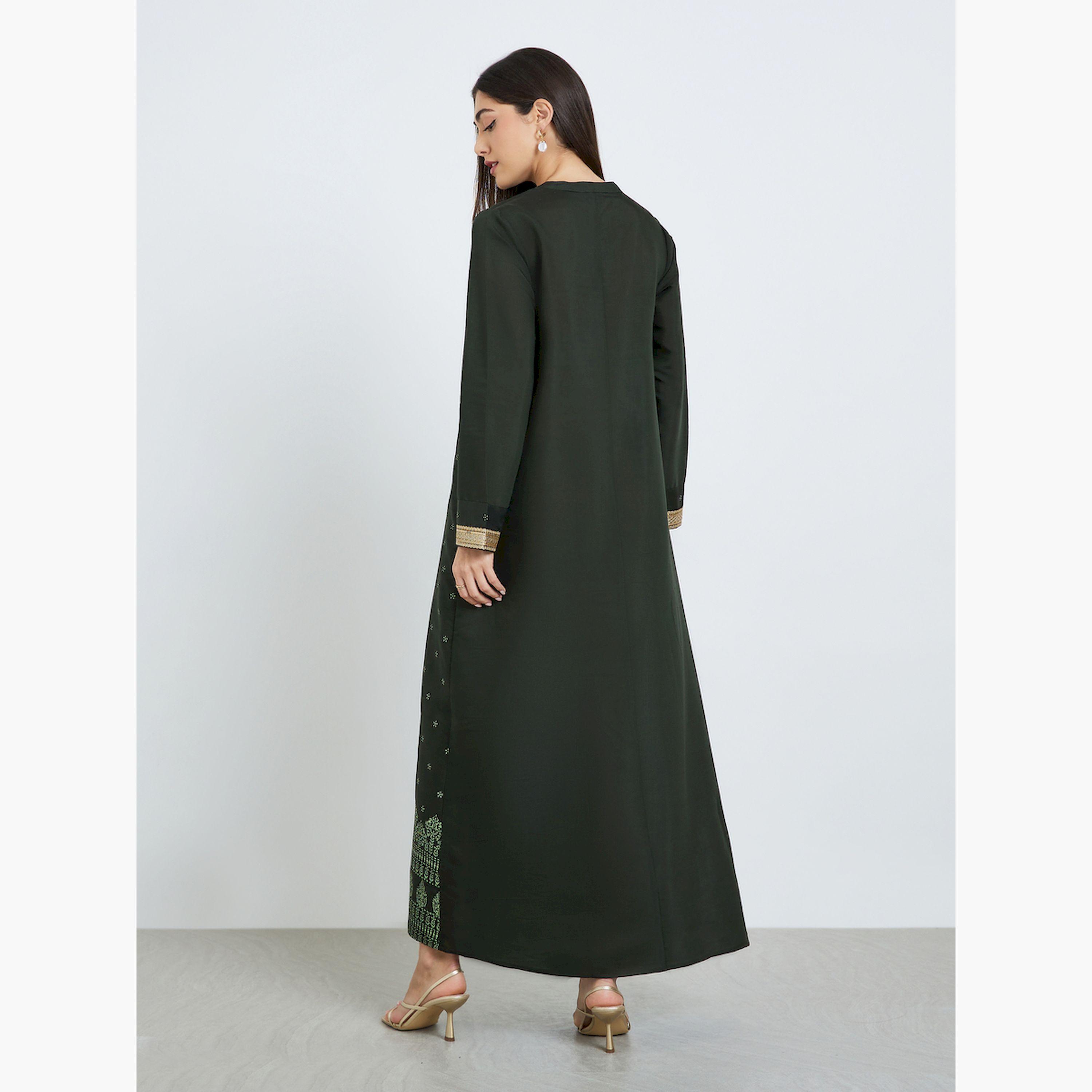 Styli Women Green Embroidered Trim Printed Jalabiya-women-arabicclothing-jalabiyas-image-5