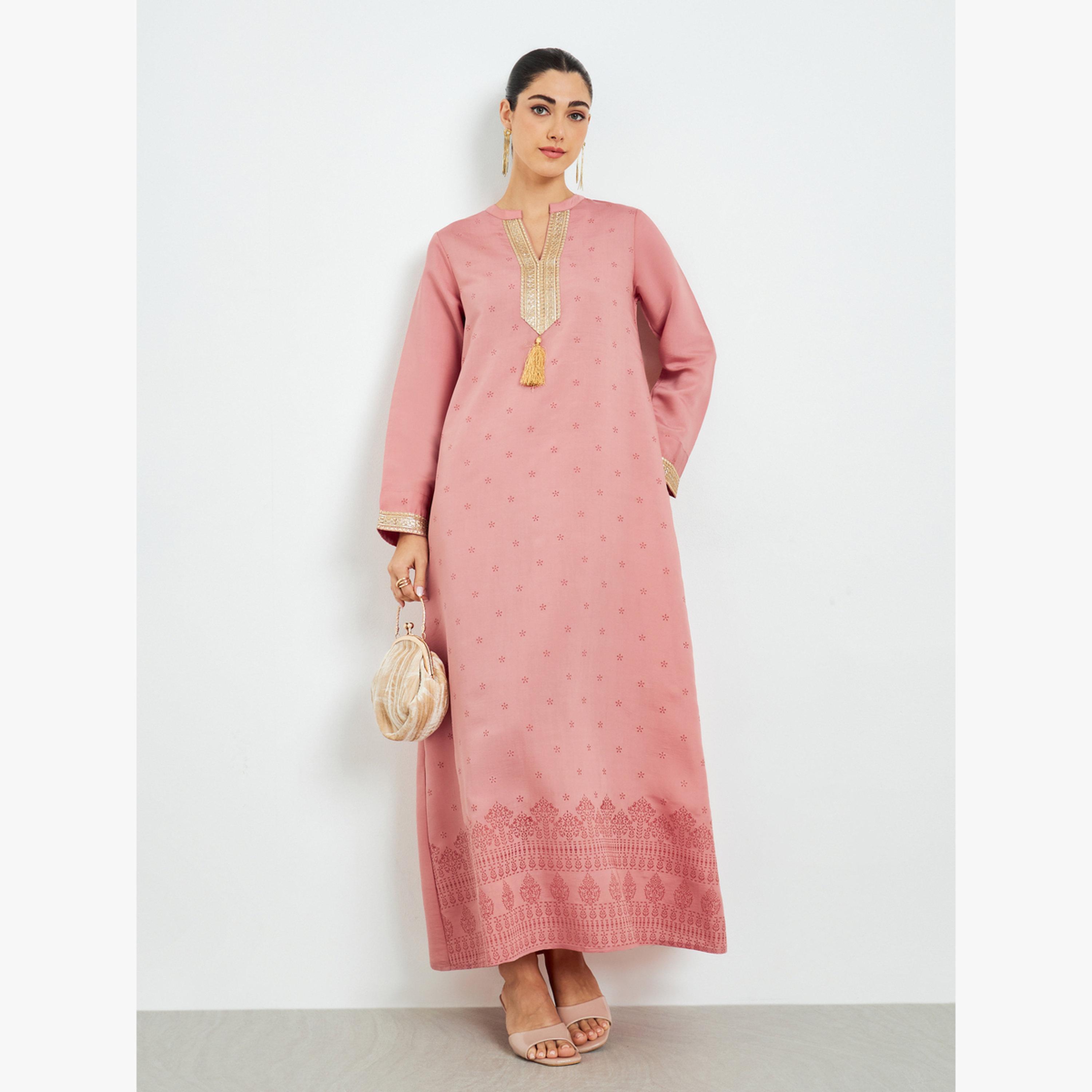 Styli Pink Gold Lace Placket Jalabiya with Tassel-women-arabicclothing-jalabiyas-image-1