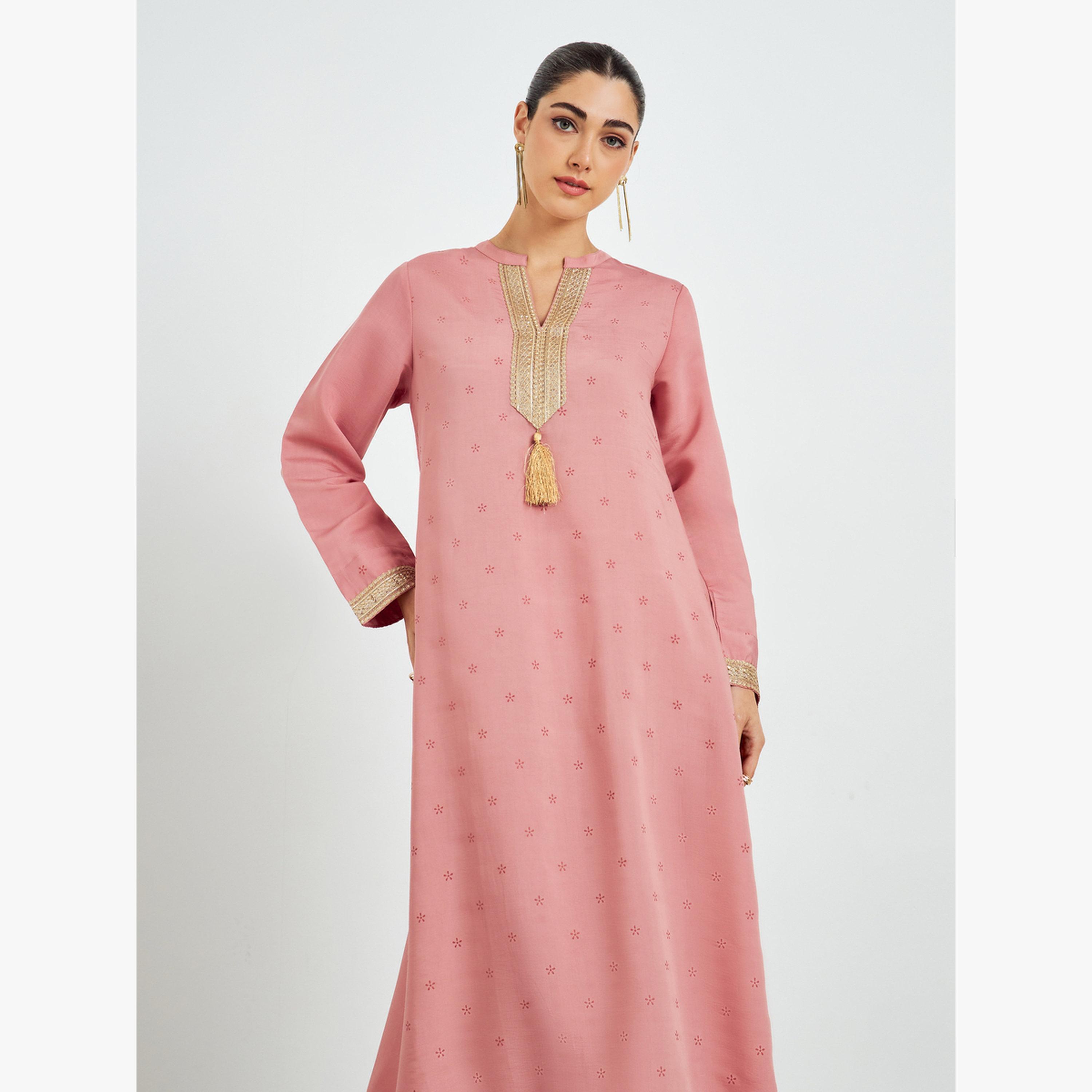 Styli Pink Gold Lace Placket Jalabiya with Tassel-women-arabicclothing-jalabiyas-image-2