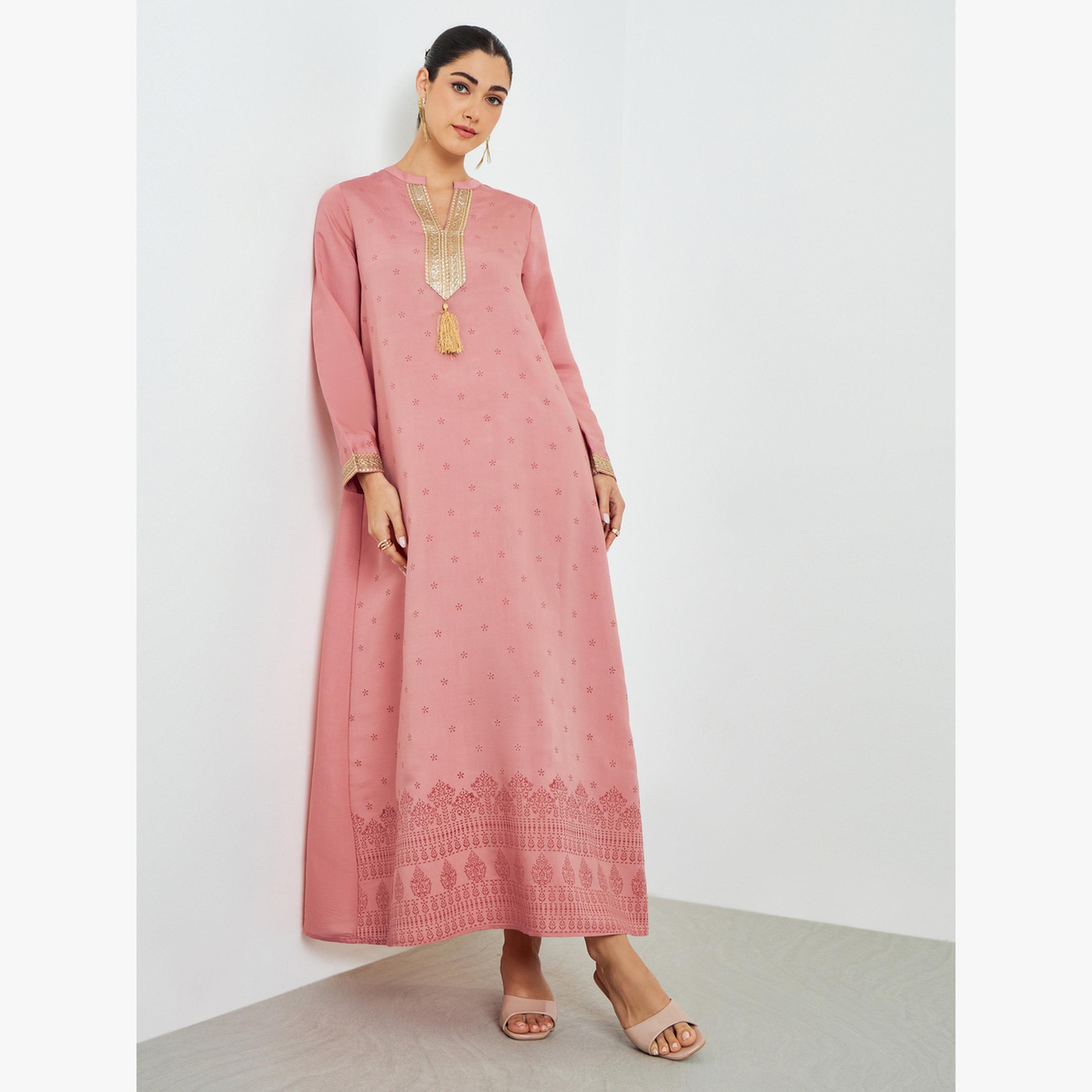 Styli Pink Gold Lace Placket Jalabiya with Tassel-women-arabicclothing-jalabiyas-image-3