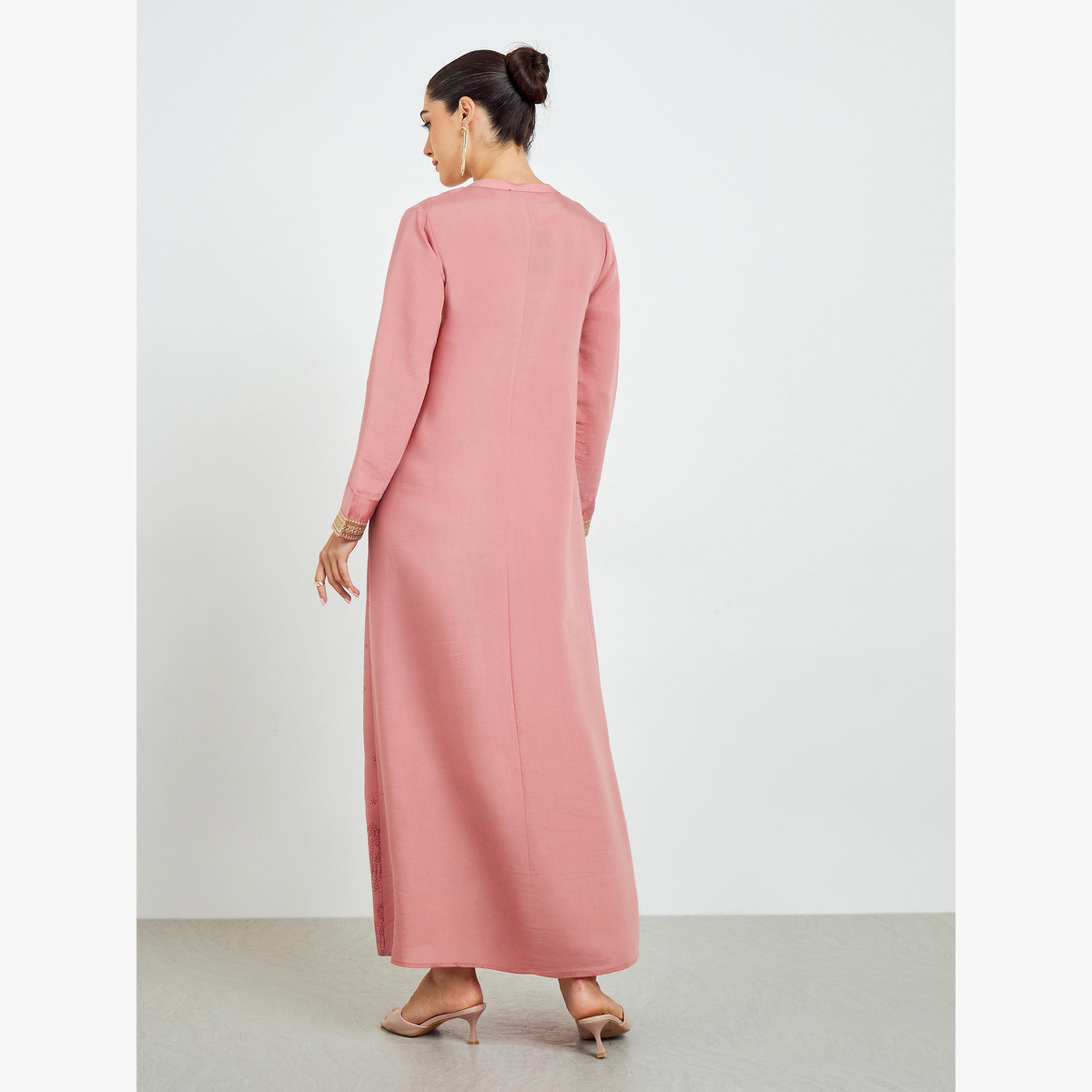 Styli Pink Gold Lace Placket Jalabiya with Tassel-women-arabicclothing-jalabiyas-image-4