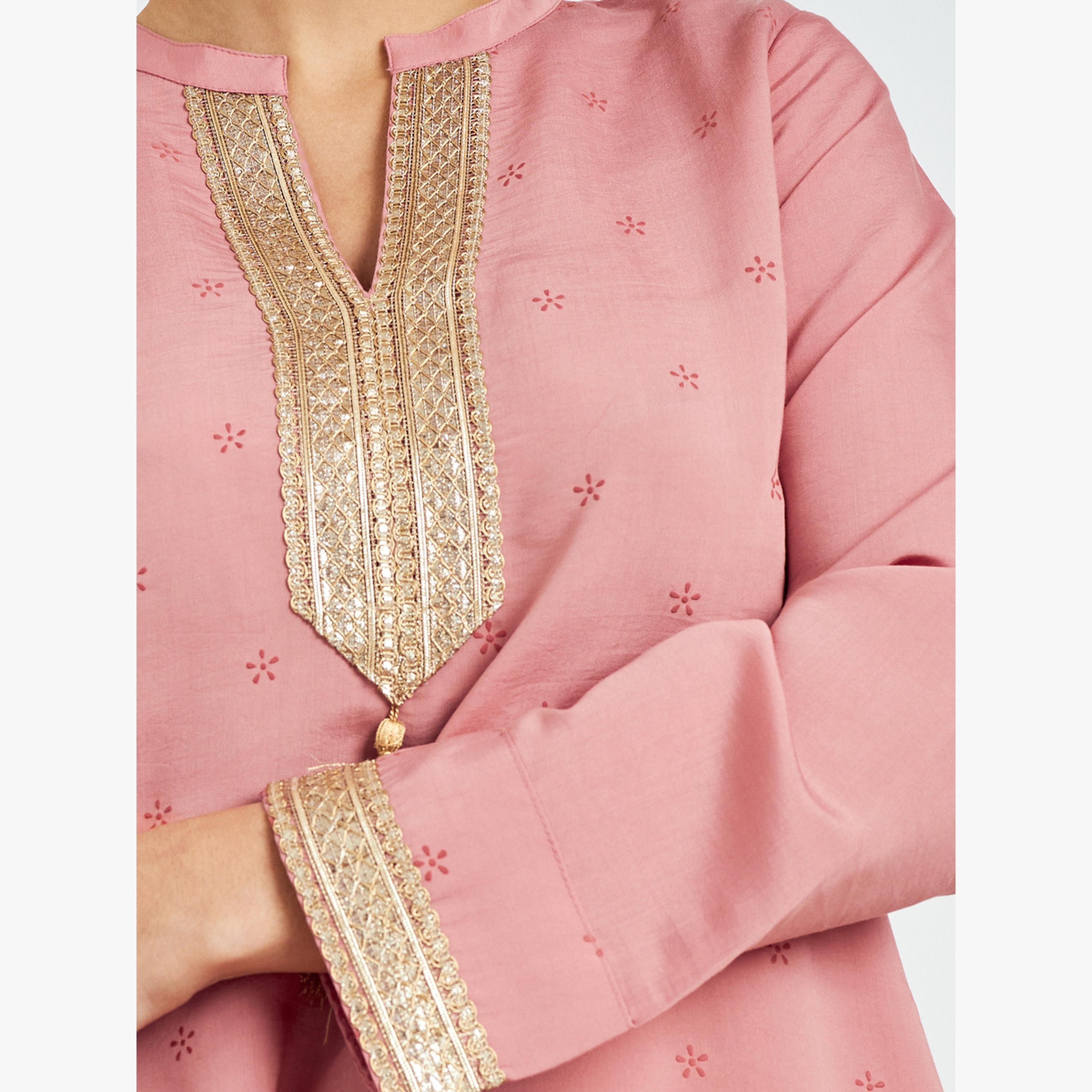 Styli Pink Gold Lace Placket Jalabiya with Tassel-women-arabicclothing-jalabiyas-image-5
