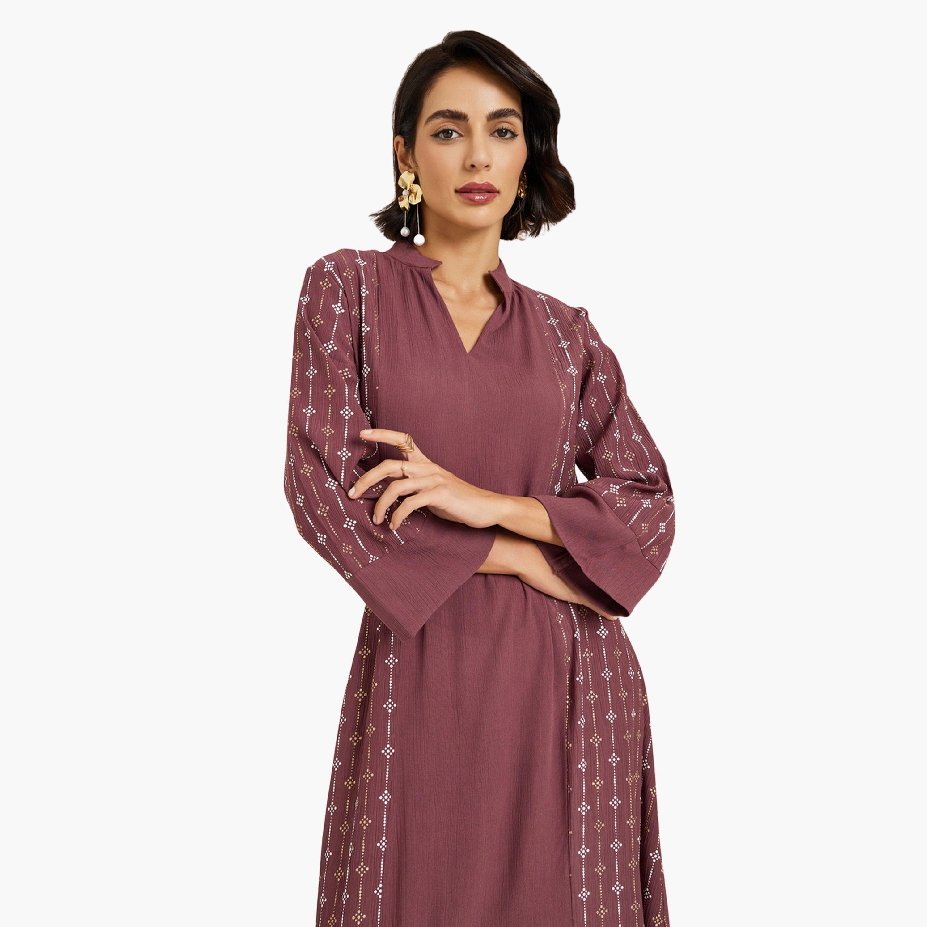Styli Women Burgundy Foil Print Jalabiya-women-arabicclothing-jalabiyas-image-3