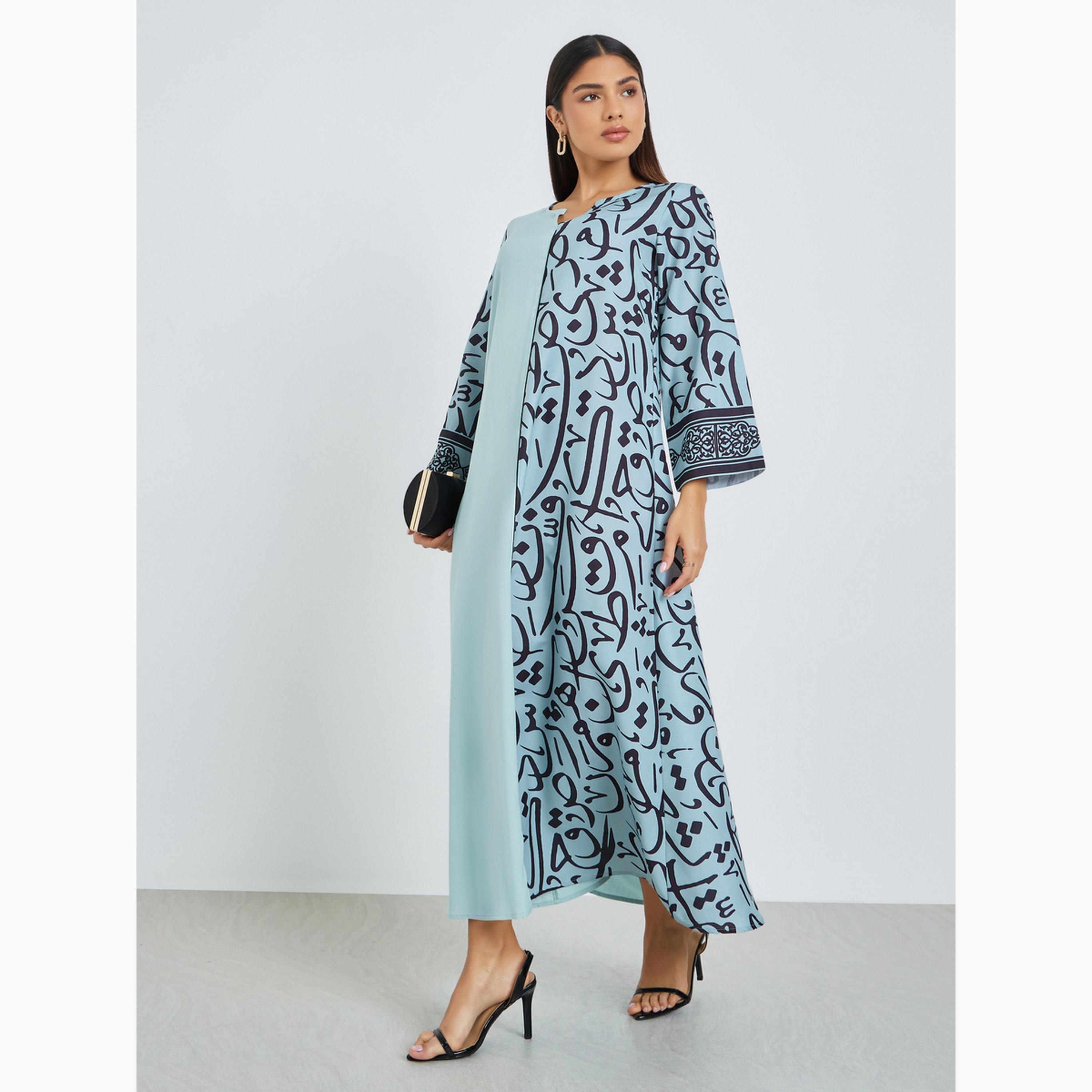 جلابية بياقة شق وطبعة عربية-women-arabicclothing-jalabiyas-image-3