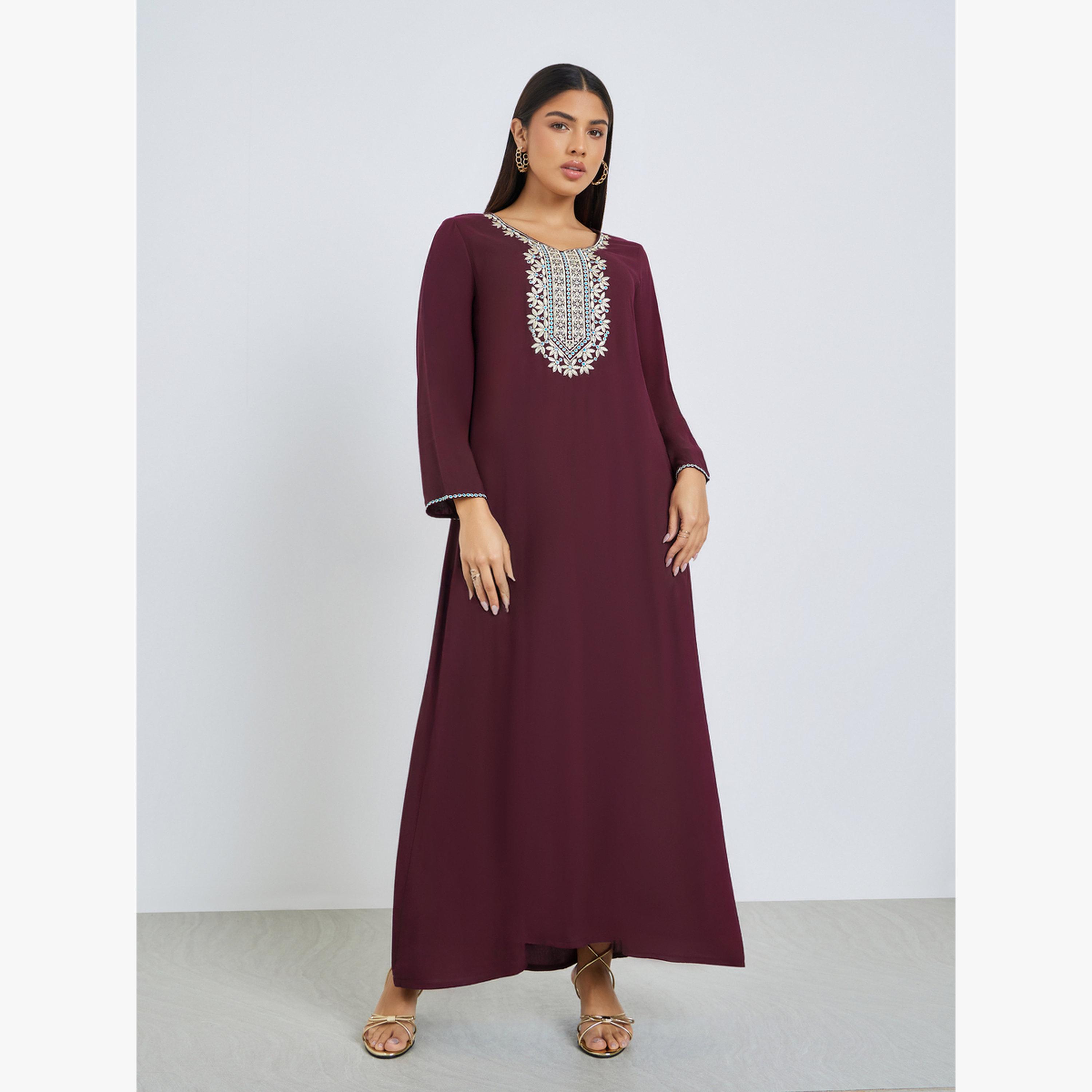 Styli Burgundy Embroidered Yoke Jalabiya-women-arabicclothing-jalabiyas-image-1