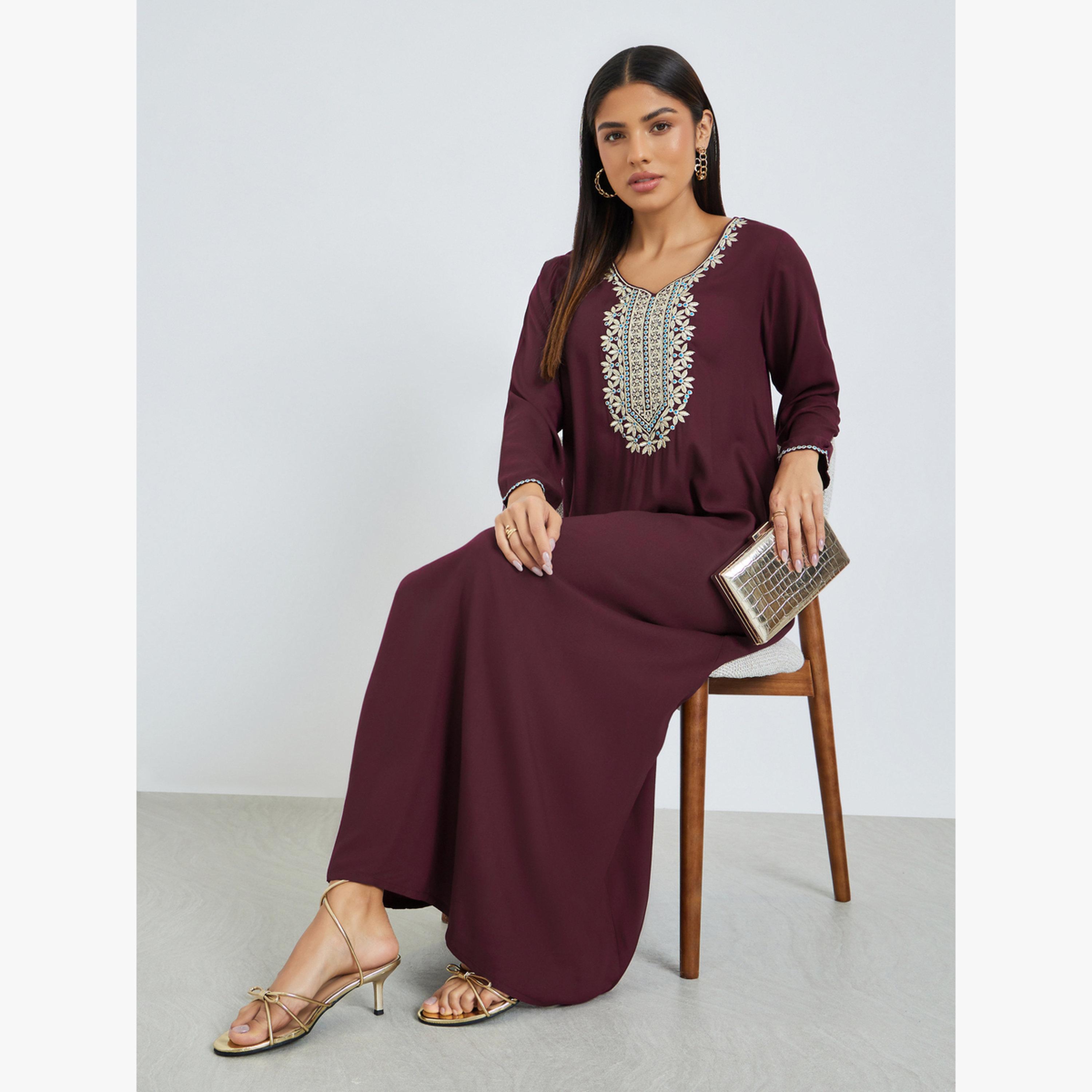 Styli Burgundy Embroidered Yoke Jalabiya-women-arabicclothing-jalabiyas-image-2